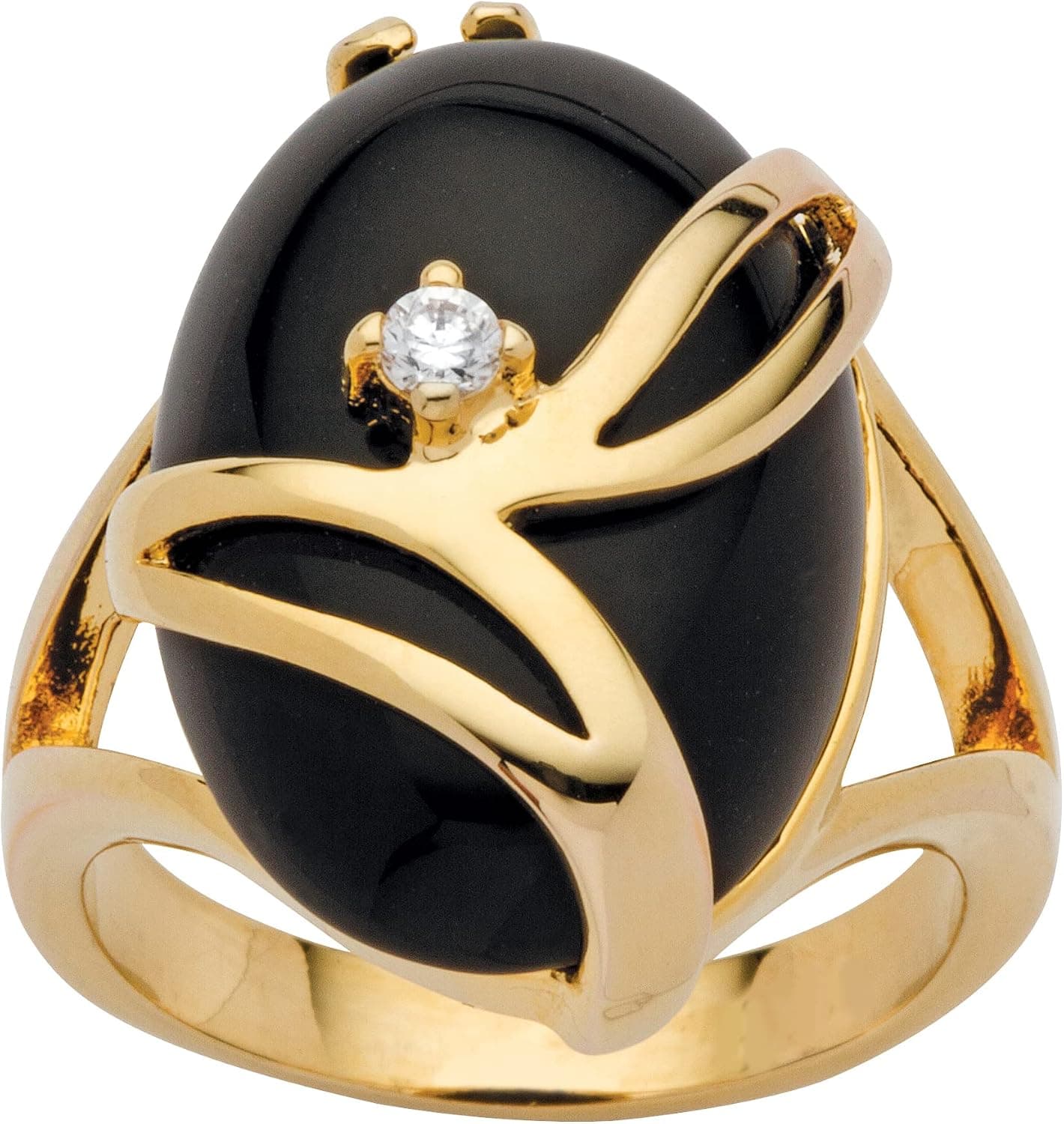 PalmBeach Jewelry Yellow Gold-Plated or Platinum-Plated Oval Shaped Natural Black Onyx and Round Crystal Ring