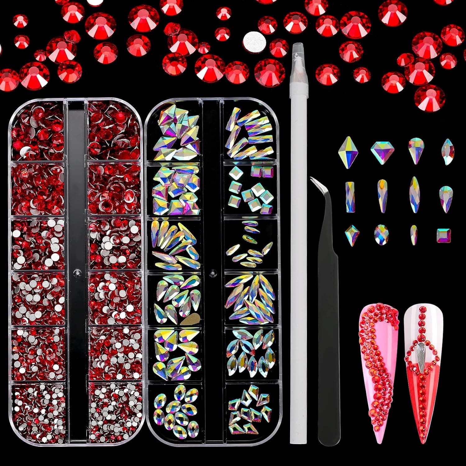 AARDWO 2568 Pcs Rhinestones Nail Gems Face Gems Makeup Gems Red Rhinestones Set Multi Shapes Crystal for Nails Shoes Clothes Bags Crafts Decoration with Picker Pencil and Tweezers