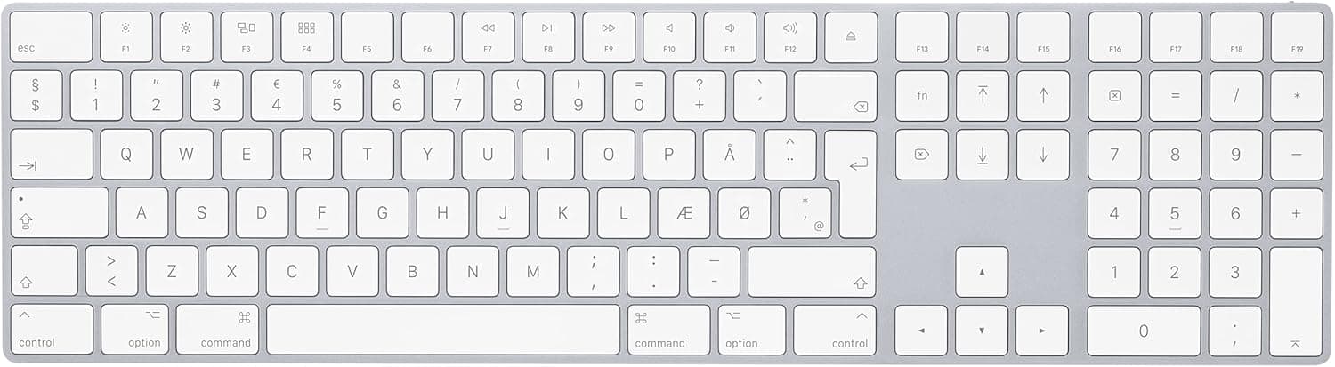 Apple Magic Keyboard with Numeric Keypad: Wireless, Bluetooth, Rechargeable. Works with Mac, iPad, or iPhone; Danish - White