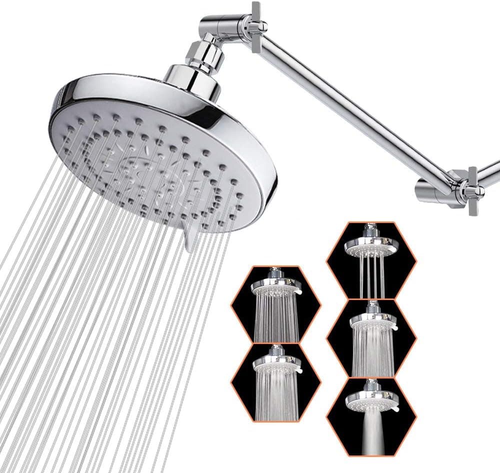 High Pressure Shower Head with 11 IN Adjustable Arm, 5-Settings Rain Shower Head, HarJue Luxury Rainfall Showerhead with Shower Arm-Make The Water Flow Down Vertically for A Better Experience(Chrome)