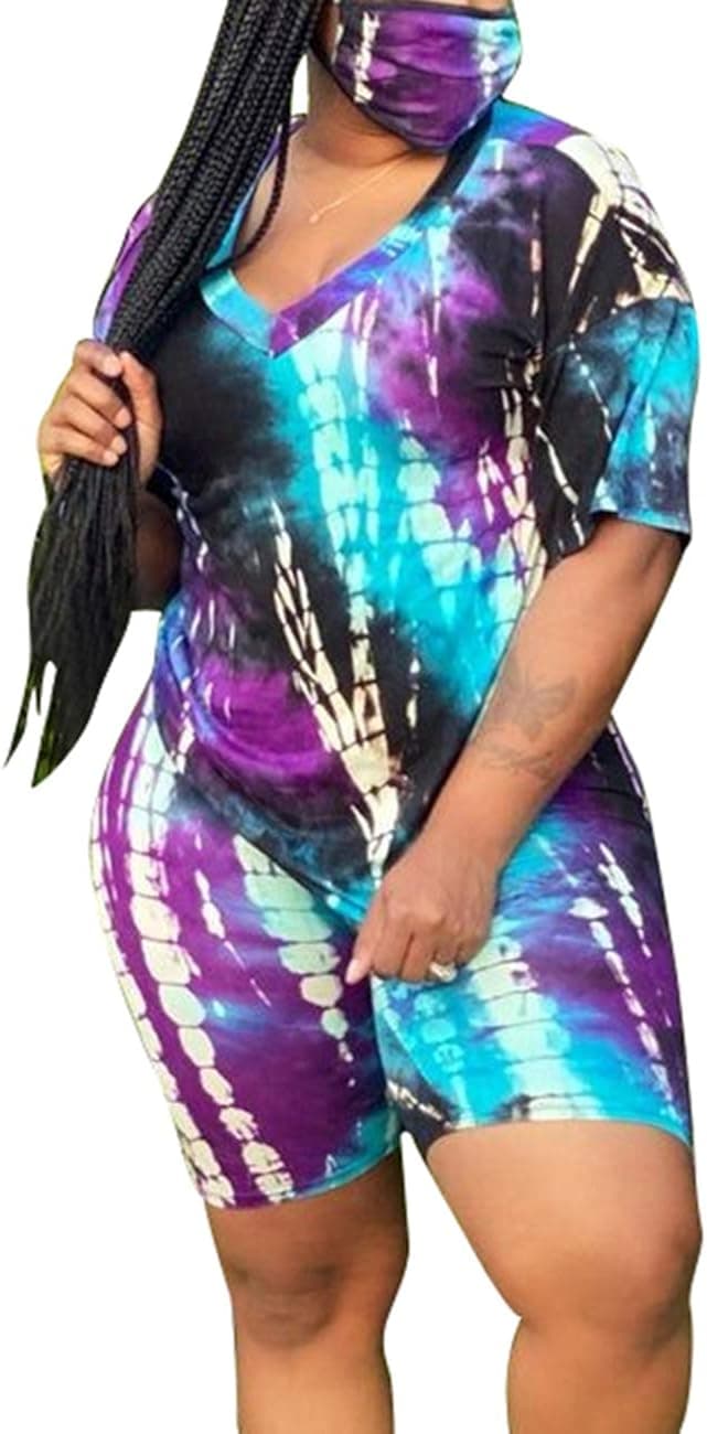 MAYFASEY Women's Plus Size 2 Piece Tracksuit Tie Dye Short Sleeve T-Shirts Bodycon Shorts Set Sports Outfits XL-5X