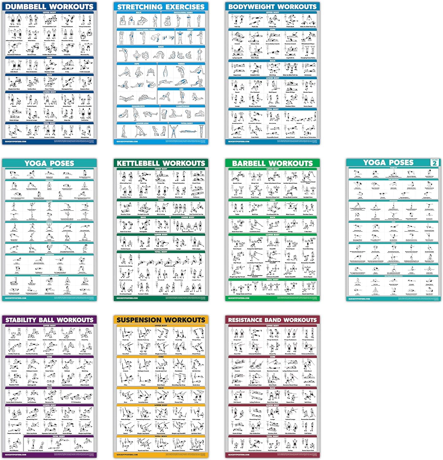 QuickFit 10 Pack - Exercise Workout Poster Set - Yoga Volume 1 & 2, Suspension, Dumbbell, Kettlebell, Resistance Bands, Stretching, Bodyweight, Barbell, Exercise Ball