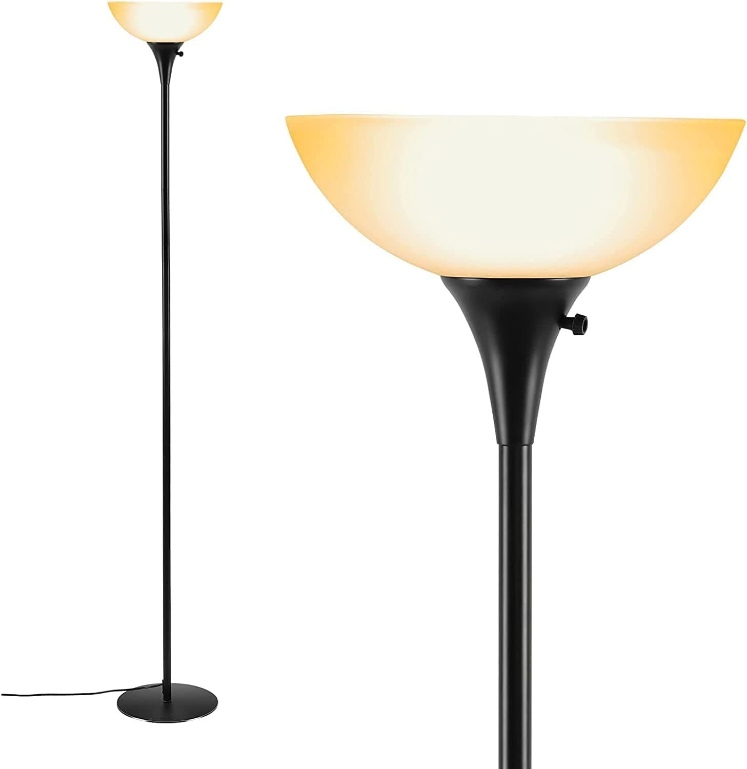 Floor Lamps with Brown Glass Shade, Floor Lamp for Living Room, 9W LED Bulb Included, Warm Light Standing Lamp for Reading, Office, Bedrooms, Black