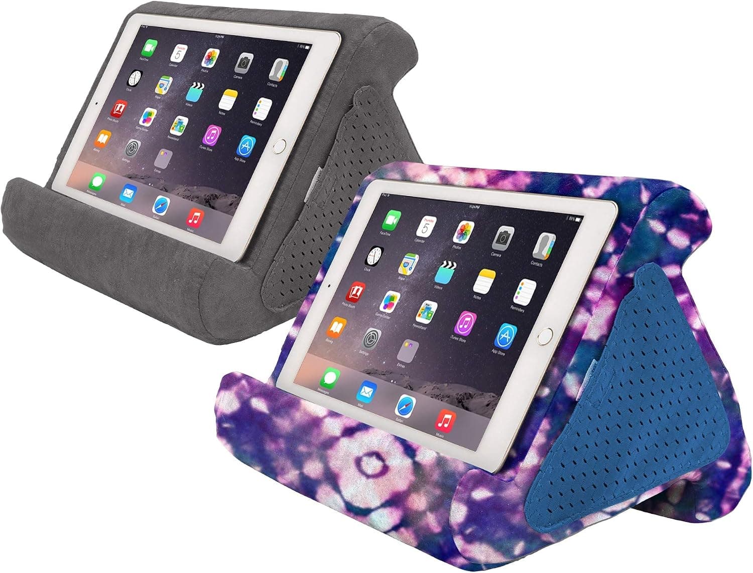 Flippy Fun Size, Compact Multi-Angle Soft Pillow Lap Stand for Mini iPads, Tablets, eReaders, Smartphones, Books, for All Ages, Easy to Store and Travel with (Smokey, Tie Dye, 2-Pack)