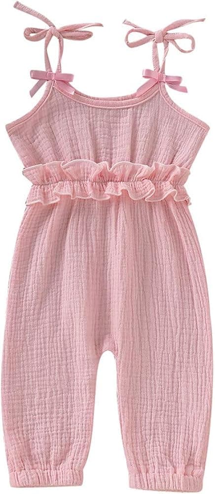 Mikrdoo Baby Girl Romper Cotton Linen Pink Jumpsuit, Pink, Size 6-9 Months