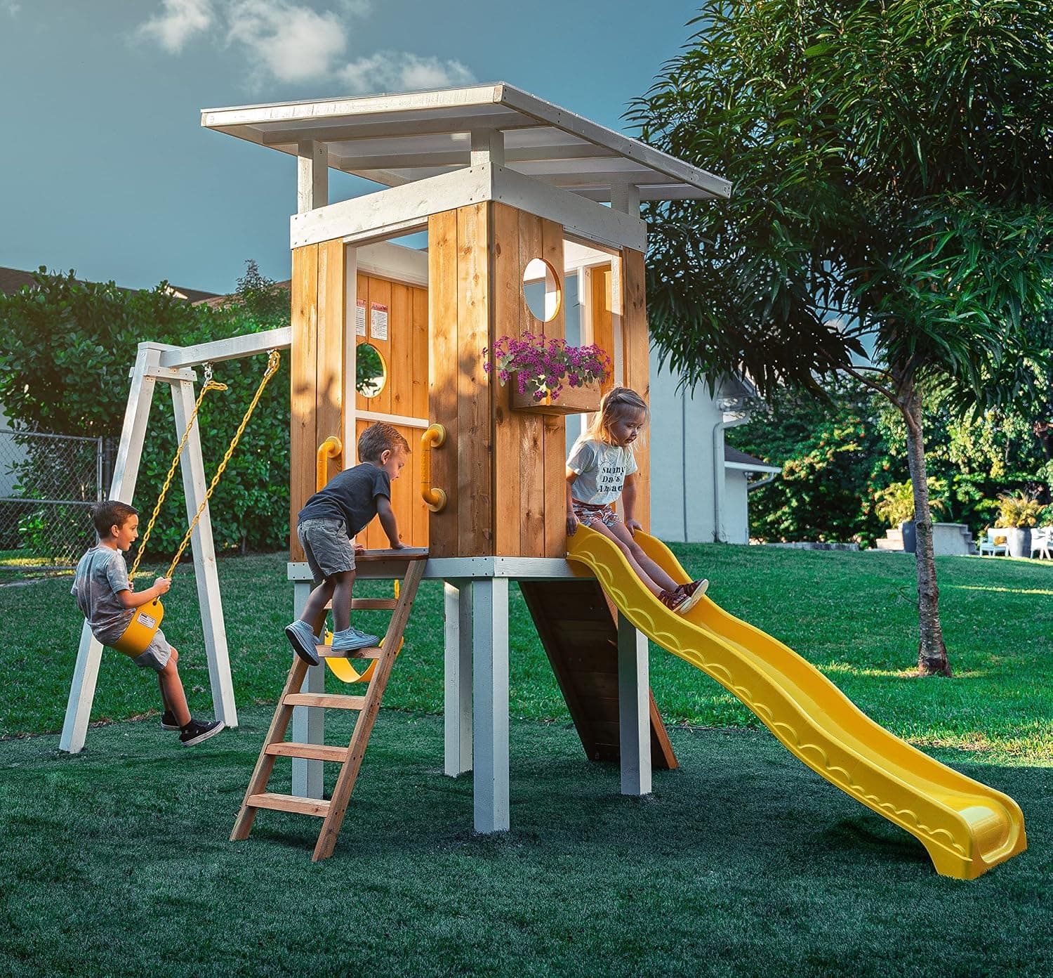Avenlur Modern Outdoor Backyard Swing Set Children's Rock Climbing Wood Playground Playset 2 Belt Swings, Clubhouse Fort, Windows, Ladder, Wavy Slide Toddlers, Kids Climbers Play Adventure Rock 3-11yr