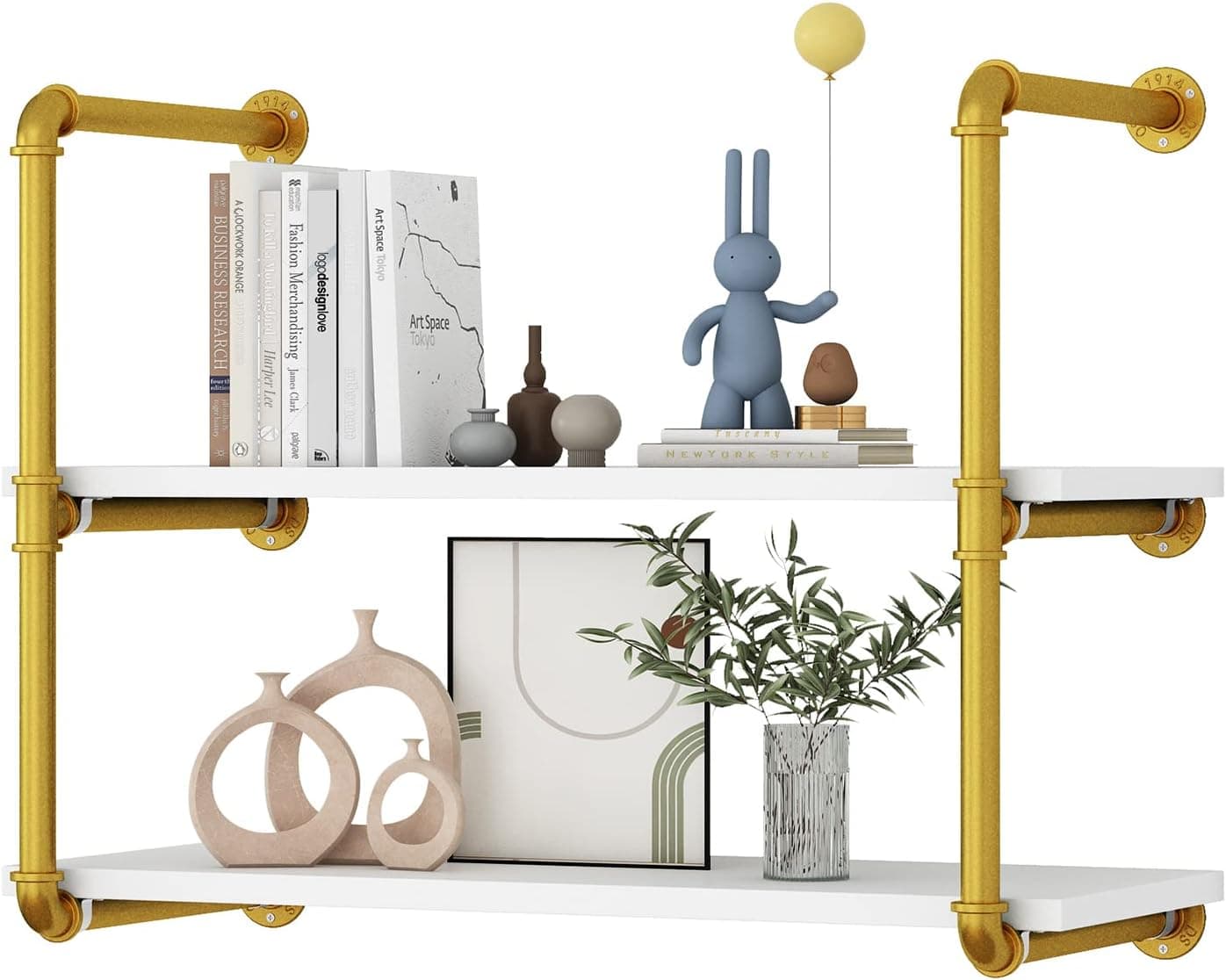 AZERPIAN Floating Shelves Wall Mounted Industrial Pipe Unit Metal Hung Bracket Bookshelf for Bedroom Living Room Bathroom Kitchen,White 2 Tier
