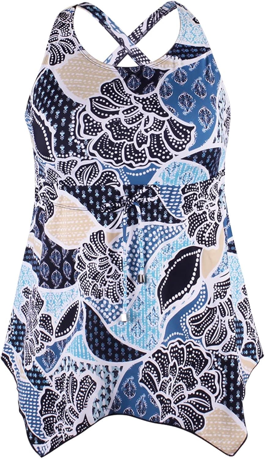IVEDO Women's Plus Size Swim Top Front Tie Bathing Suit Tops Cross Back Tankini Top Flowy Swimdress