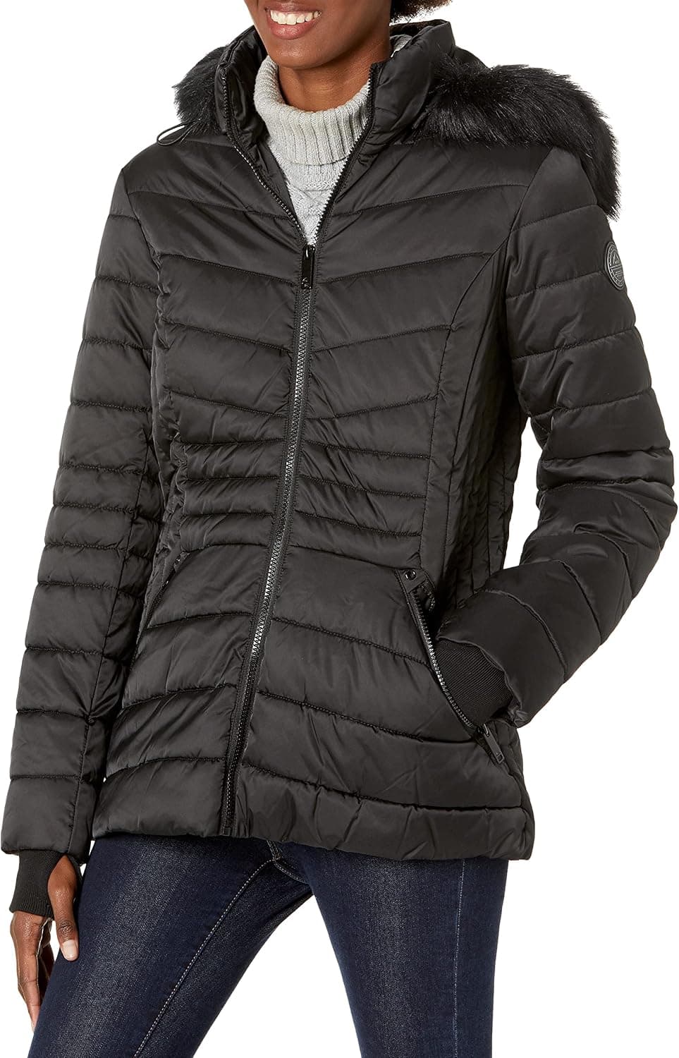 HFX Women's Short Puffer Jacket with Faux Fur Trimmed Hood and Cinched Waist, Water Resistant