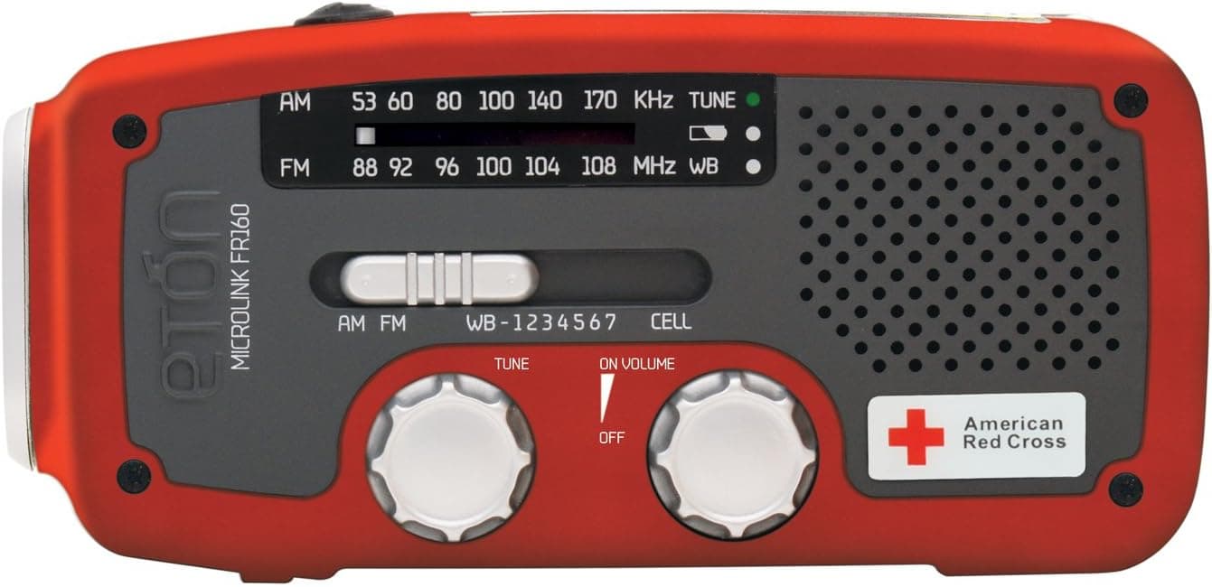 Etón American Red Cross FR160 Microlink Self-Powered AM/FM/NOAA Weather Radio with Flashlight, Solar Power and Cell Phone Charger (Red), ARCFR160WXR