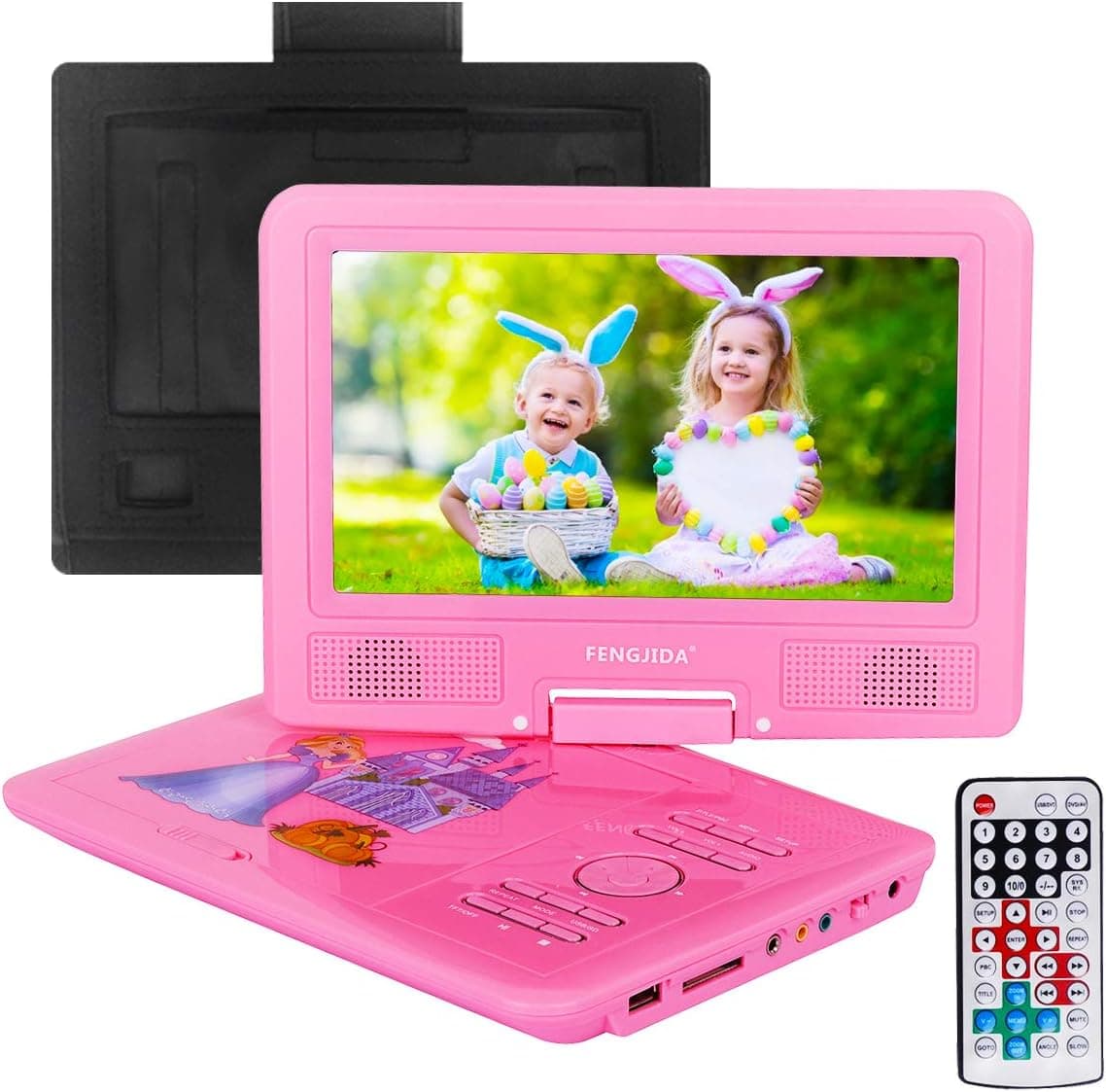 FENGJIDA 9.5'' Portable DVD Player with Headrest Mount Holder, Built-in Rechargeable Battery, 270°Swivel Screen, 5.9 ft Car Charger SD Card Slot and USB Port - Pink