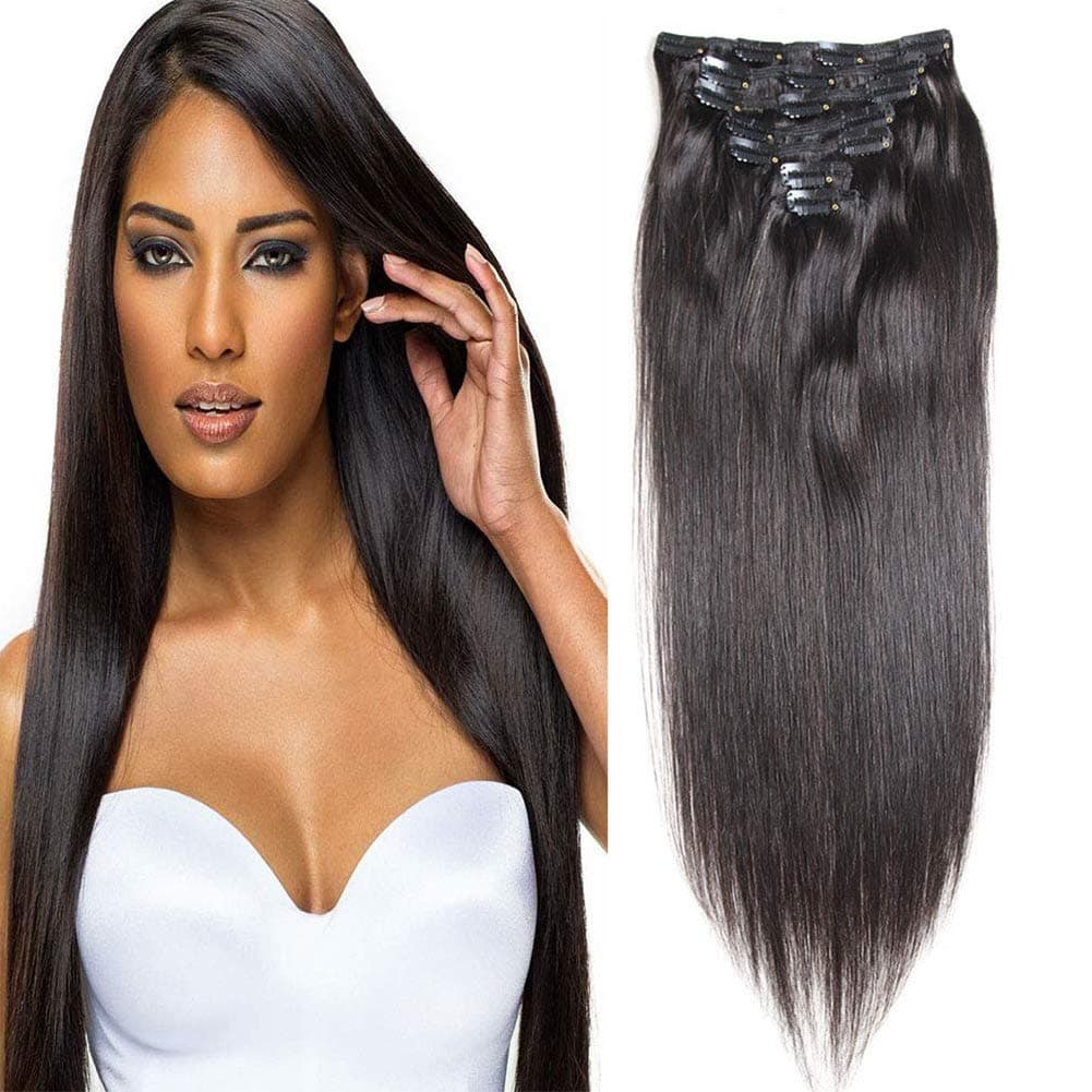 100% Human Hair Brazilian Straight Clip In Human Hair Extensions 20" #1B Natural Black Full Head Silky Straight Human Hair Clip in Extensions 7pcs 80g/2.82oz