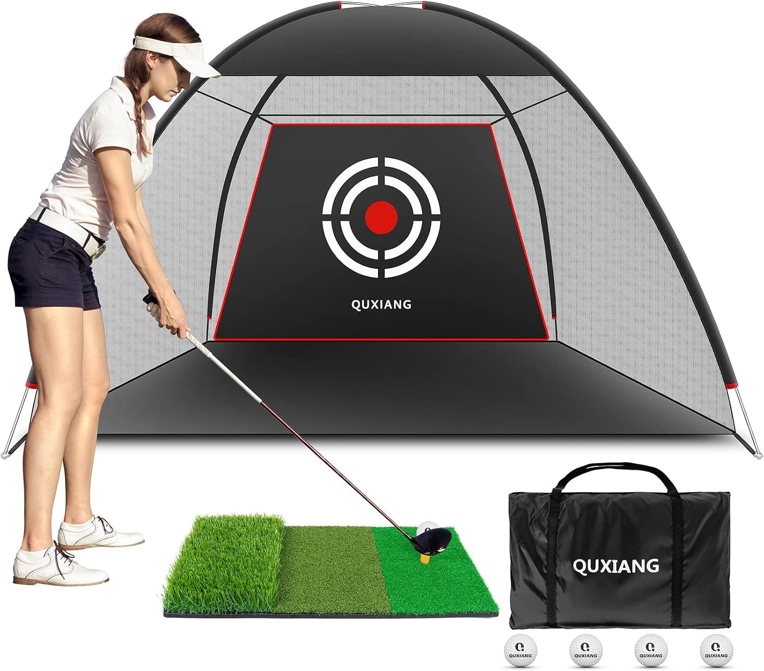 Golf Practice Net, 10x7ft Golf Hitting Training Aids Nets with Golf Hitting Mat ，5 PCS Golf Balls，Grass Mat， Carry Bag for Backyard Driving Indoor Men Kids Indoor Outdoor Sports Game