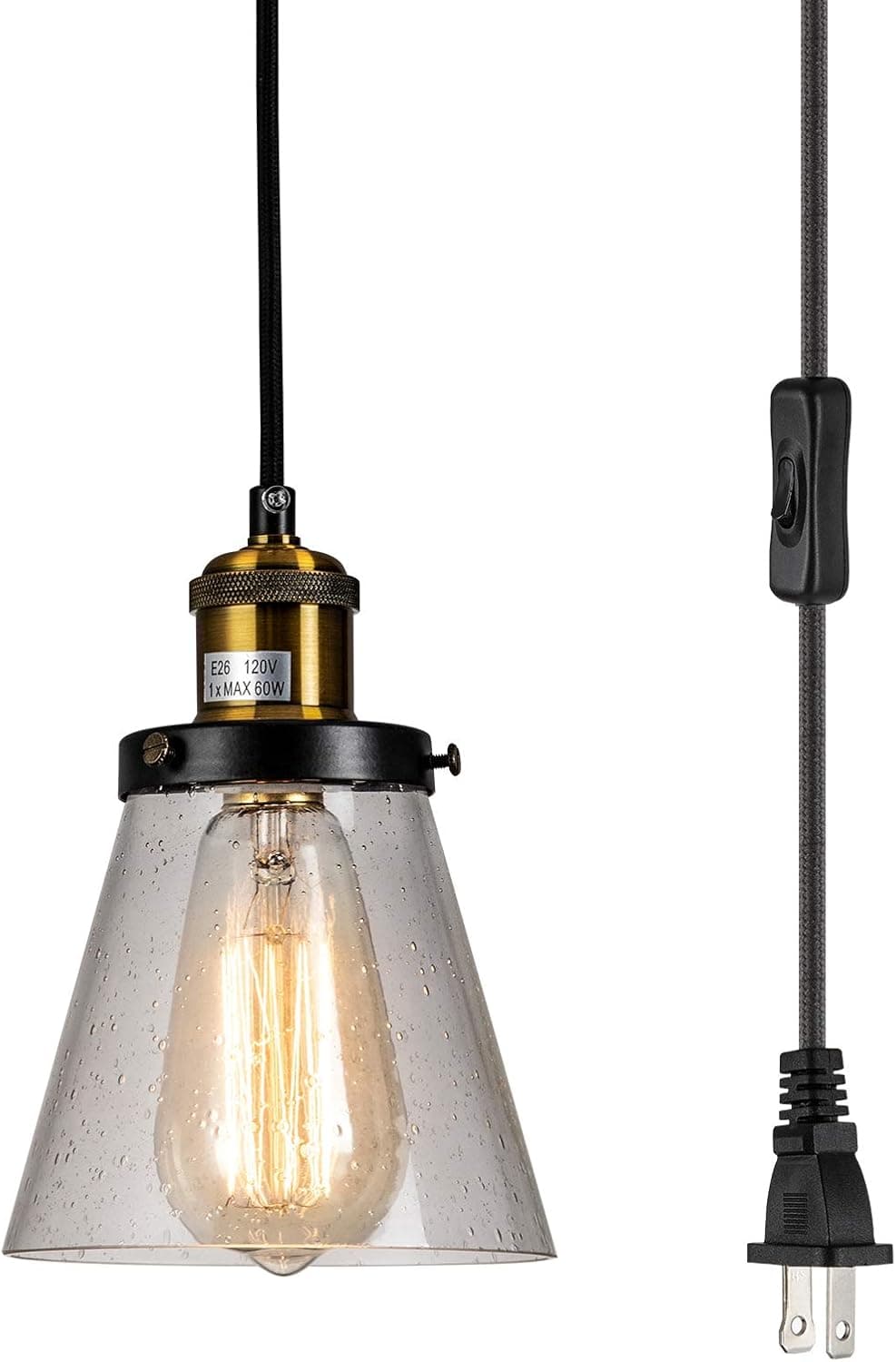 SYDTOP Modern Mini Pendant Light, Clear Seeded Glass Shade with 13Ft Plug in Cord and On/Off Switch, Adjustable Vintage Farmhouse Hanging Lamp for Kitchen Island Sink Counter Bar Loft
