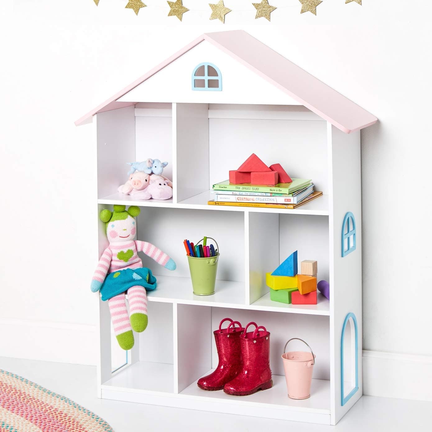 Wildkin Kids Wooden Dollhouse Bookcase for Girls, Measures 42 x 12 x 33 Inches, Dollhouse Bookshelf Keep Toys, Games, Books, and Art Supplies Organized, Ideal for Bedroom or Playroom, BPA-Free (White)