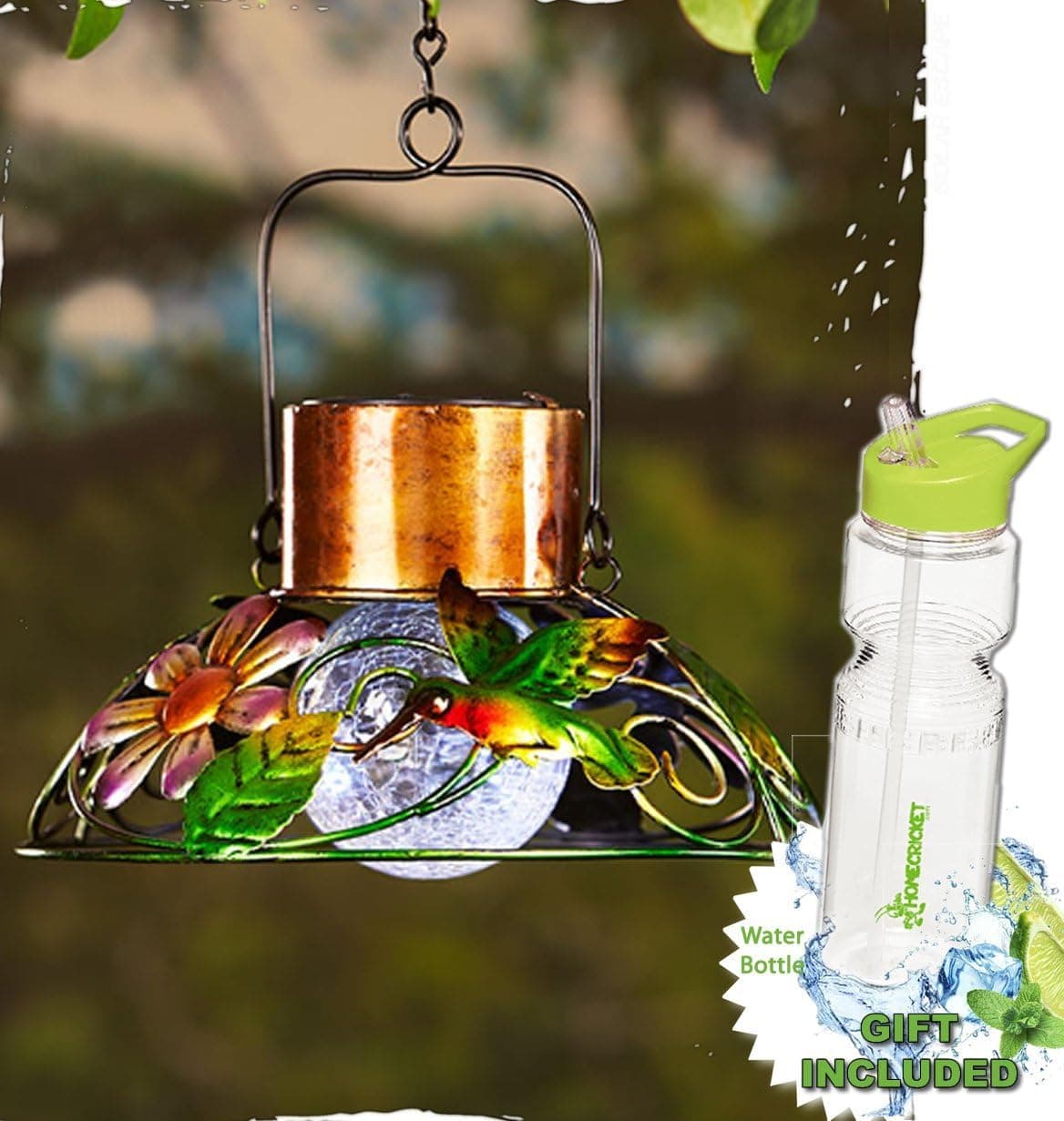HomeCricket Gift Included- Outdoor Colorful Hanging Solar Powered Garden Crackle Glass Ball Lamps + FREE Bonus Water Bottle by (Hummingbird)