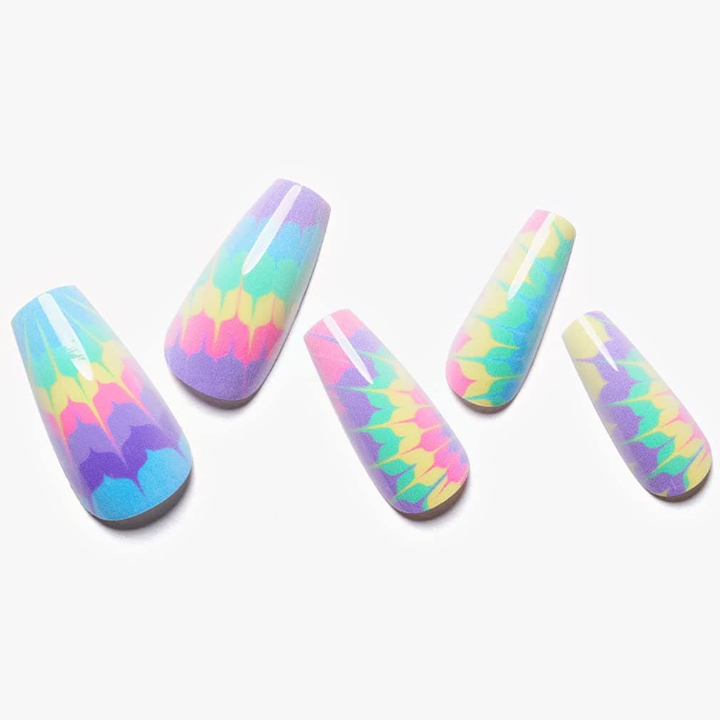 GLAMERMAID Summer Press on Nails Medium Coffin Fake Nails with Design, Colorful Tie Dye UV Finish Acrylic False Nail Tips Stick Glue on Nails for Women Full Cover Static Nails, 24Pcs