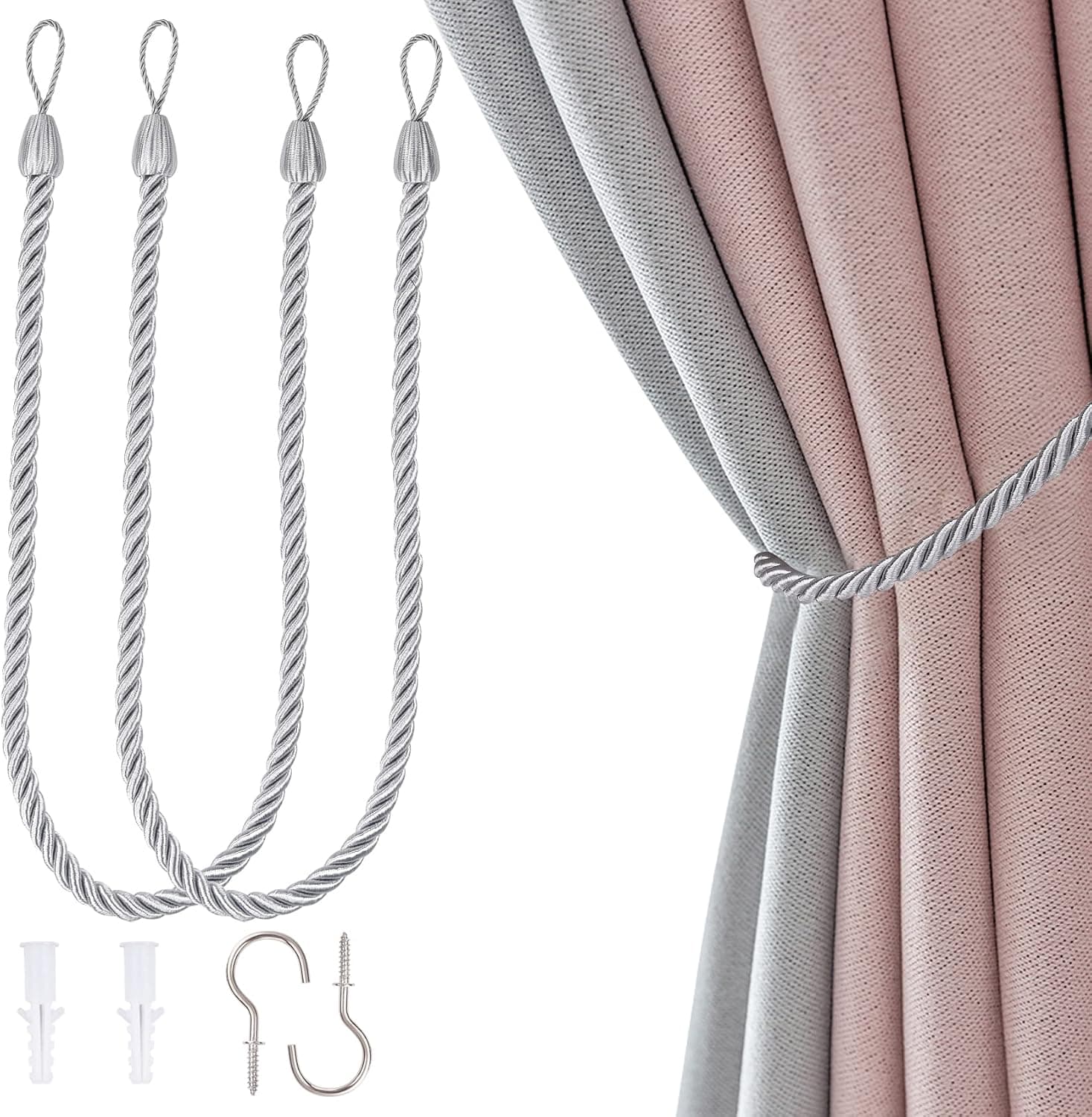 NANAOUS Curtain Tie Backs, Curtain Handmade Holdbacks, 2Pcs Curtain Ropes Tiebacks with 2 Metal Screw Hooks (Grey)