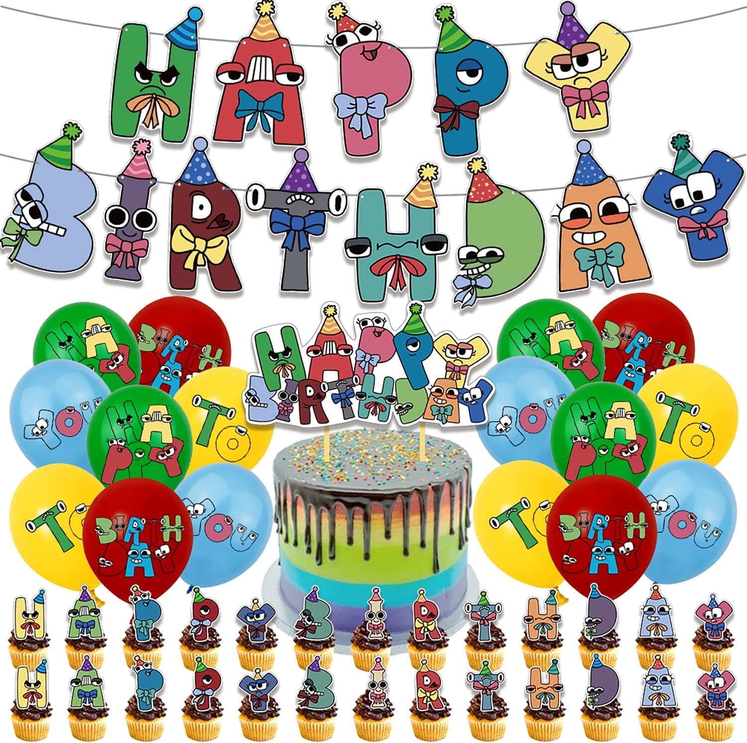 Alphabet Lore Happy Birthday Decorations for Kids Birthday Party Supplies with Happy Birthday Banner,Cake Topper ,Balloons for Alphabet Lore Theme Birthday Party Decorations