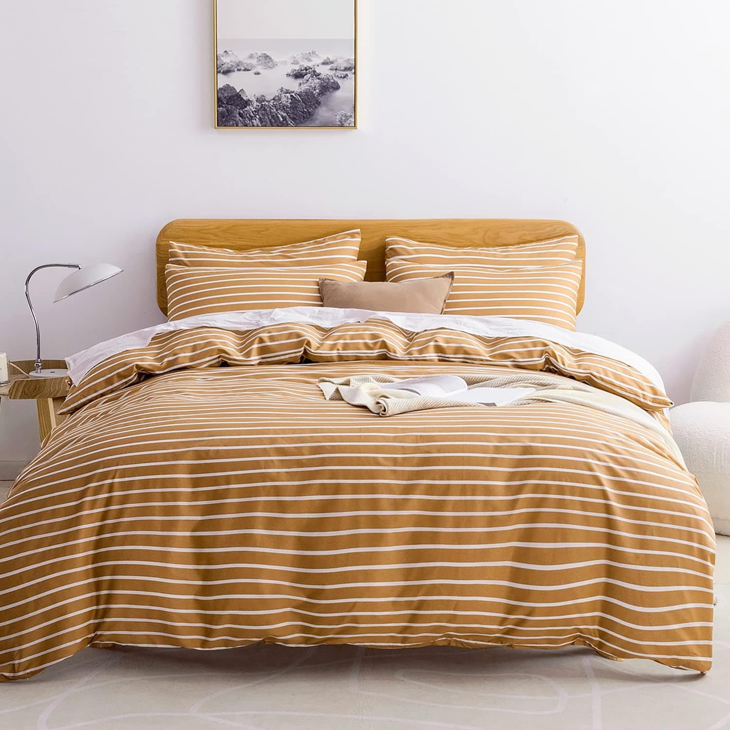 JELLYMONI Twin Duvet Cover Set, Cotton Duvet Cover 2 Pieces with Zipper Closure, 1 Duvet Cover and 1 Pillowcase(Rust with White Striped)