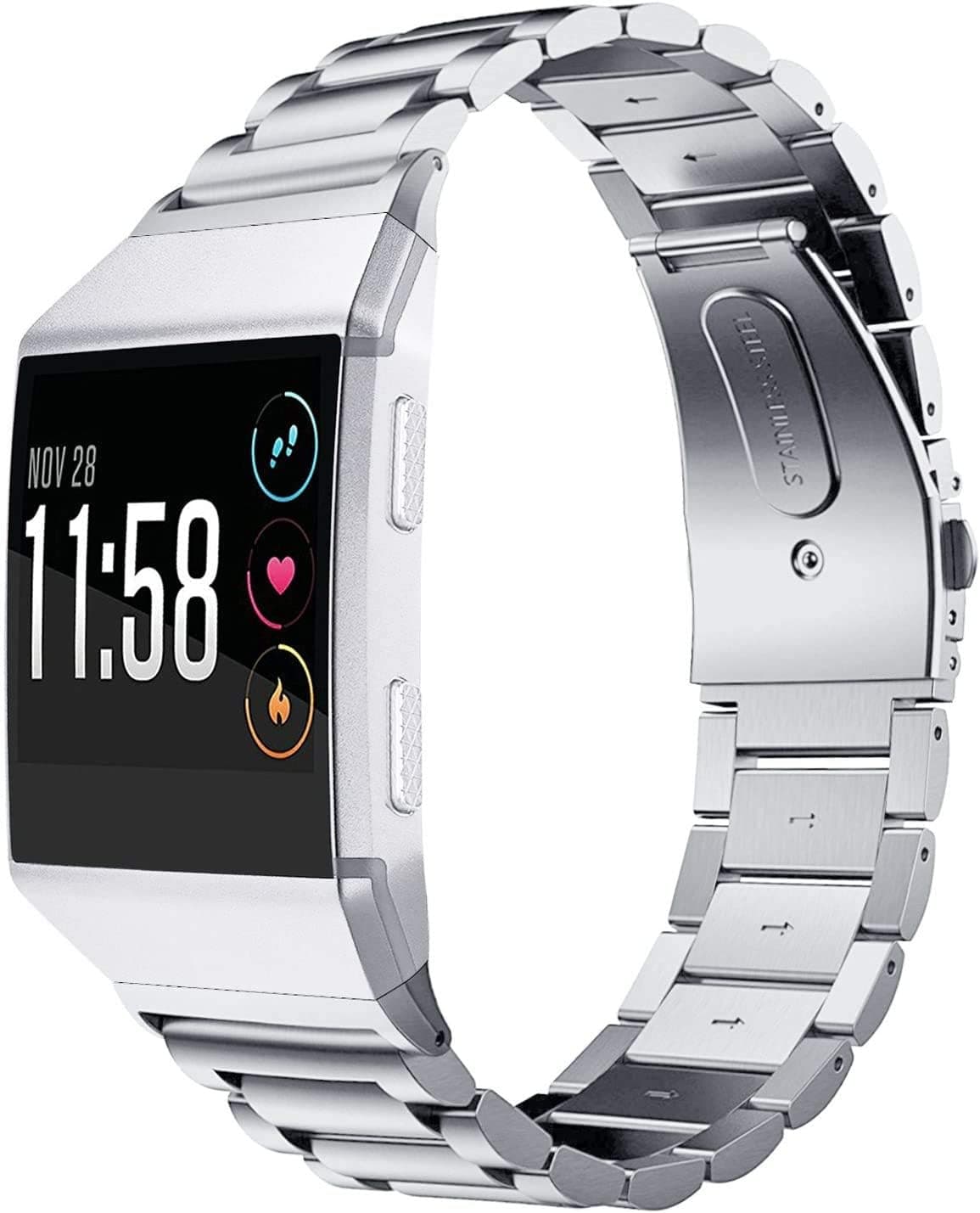 Men Women Stainless Steel Metal Smart Watch Band Replacement Compatible with Fitbit Ionic (Silver)