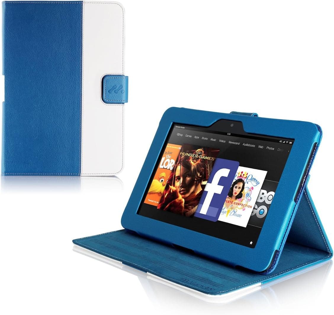 Manvex Slim and Compact Leather Folio Case Cover for The Amazon Kindle Fire HD 8.9" Inch Tablet | Built-in Multiple Viewing Angles | Smart Cover has Automatic Sleep/Wake Function - Blue/White