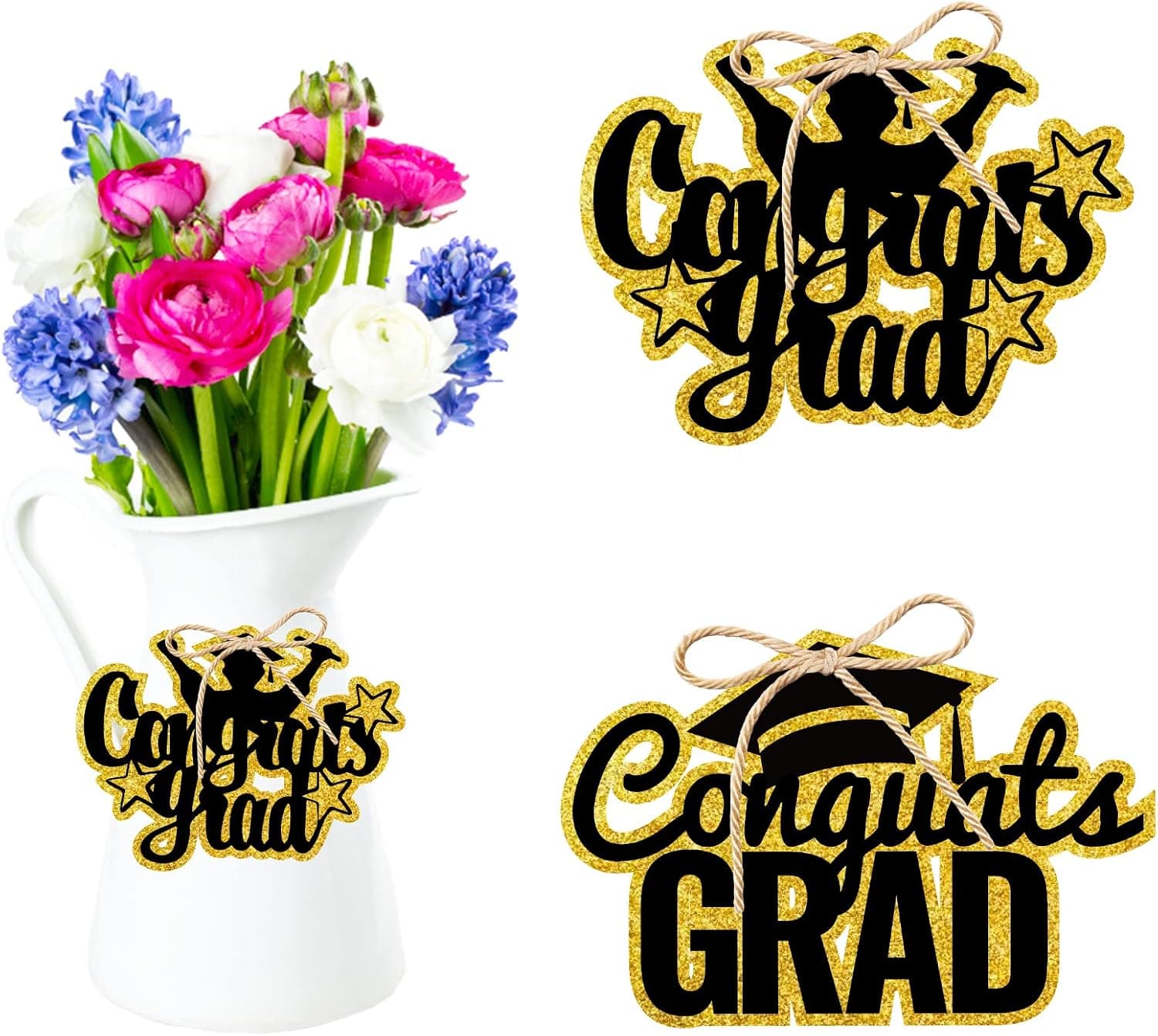 36pcs Graduation Party Favor Tags Decorations Black Gold Congrats Grad Cap Cutouts Tags for Grad Table Centerpieces Gift Tags Craft Decor Supplies
