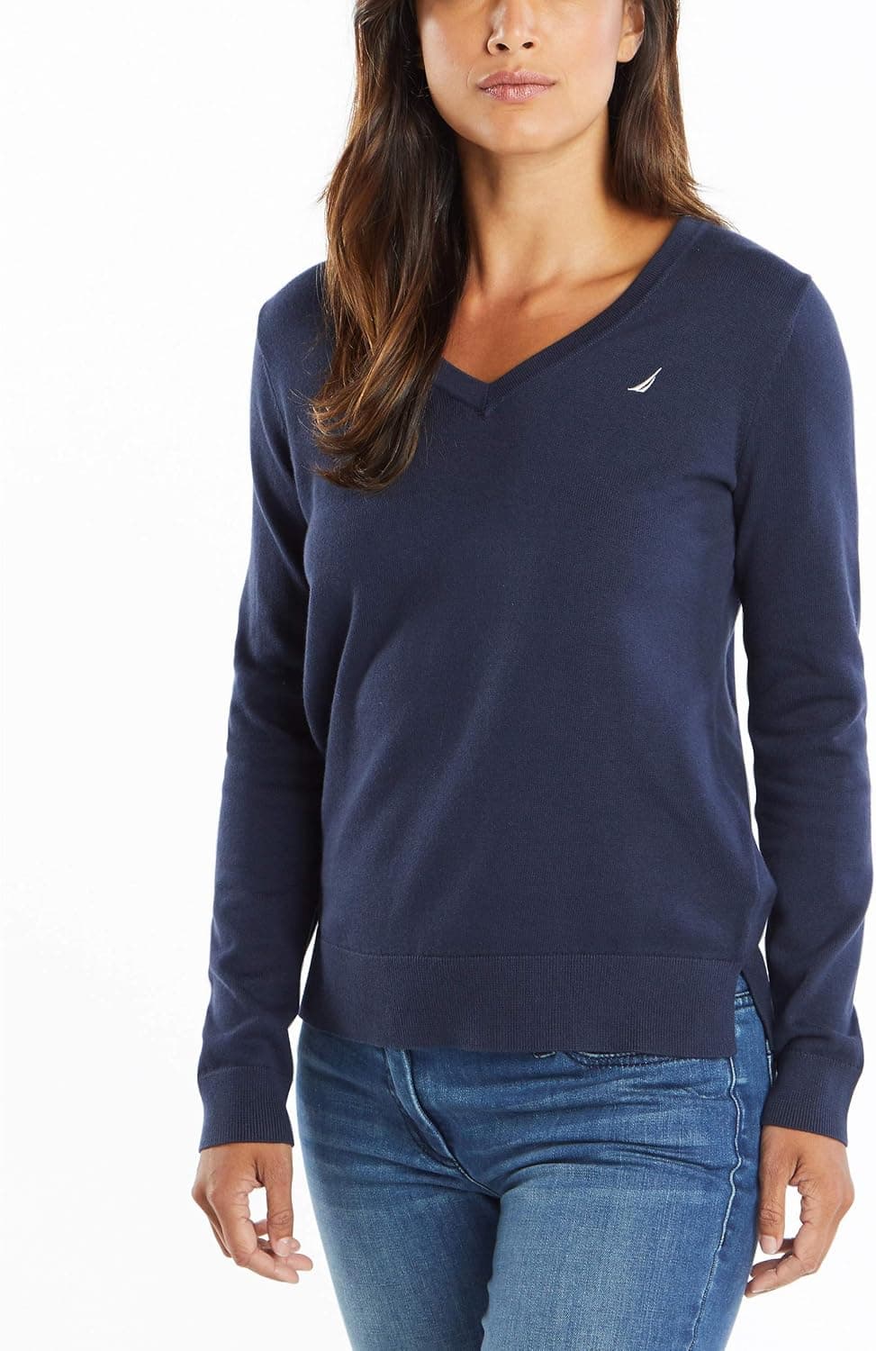 Nautica Women's Effortless J-Class Long Sleeve 100% Cotton V-Neck Sweater