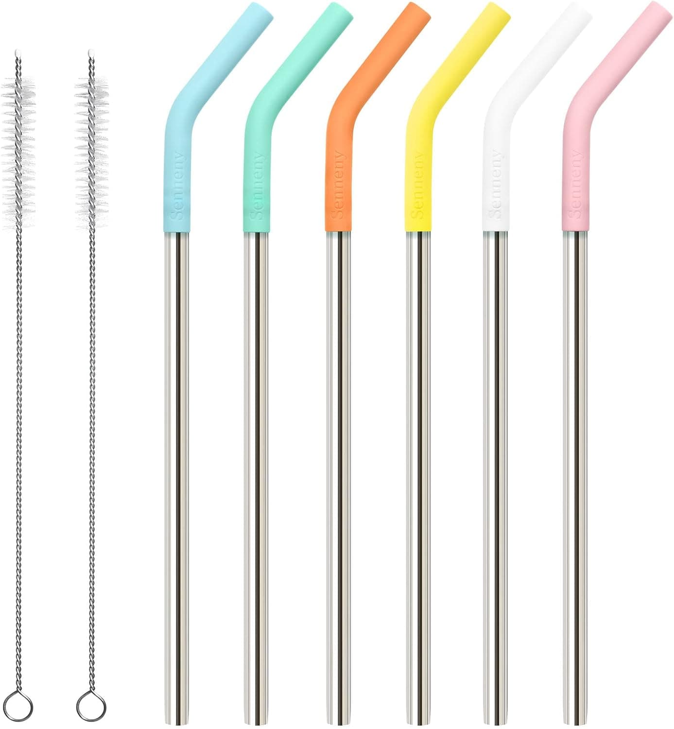 Senneny Set of 5 Metal Straws with Silicone Tips, 2 Cleaning Brushes and 1 Portable Pouch Included, Reusable Stainless Steel Straws Dishwasher Safe