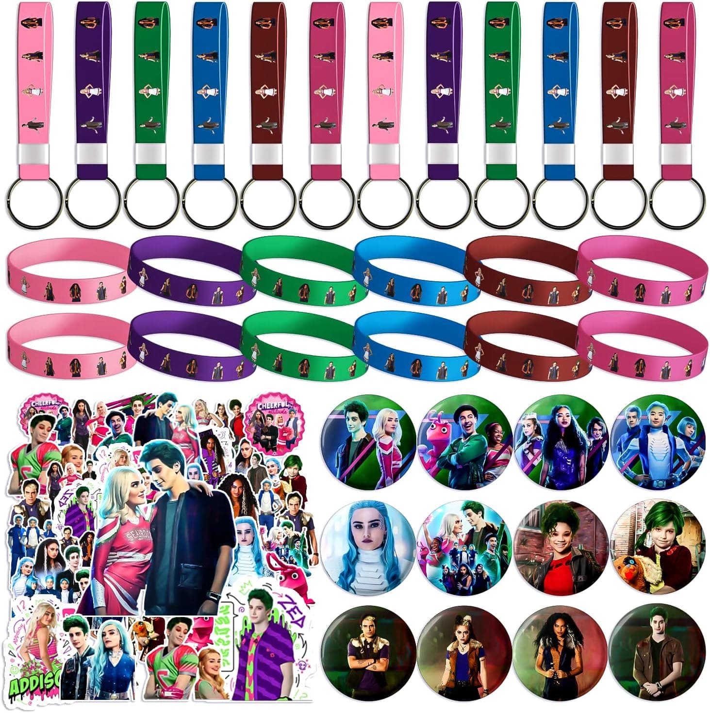 EVNOI Zombies 3 Birthday Party Supplies,Zombies Party Favors Include 12 Bracelets,12 Button Pins,12 Keychain, 50 Zombies Stickers, Zombies Party Decorations