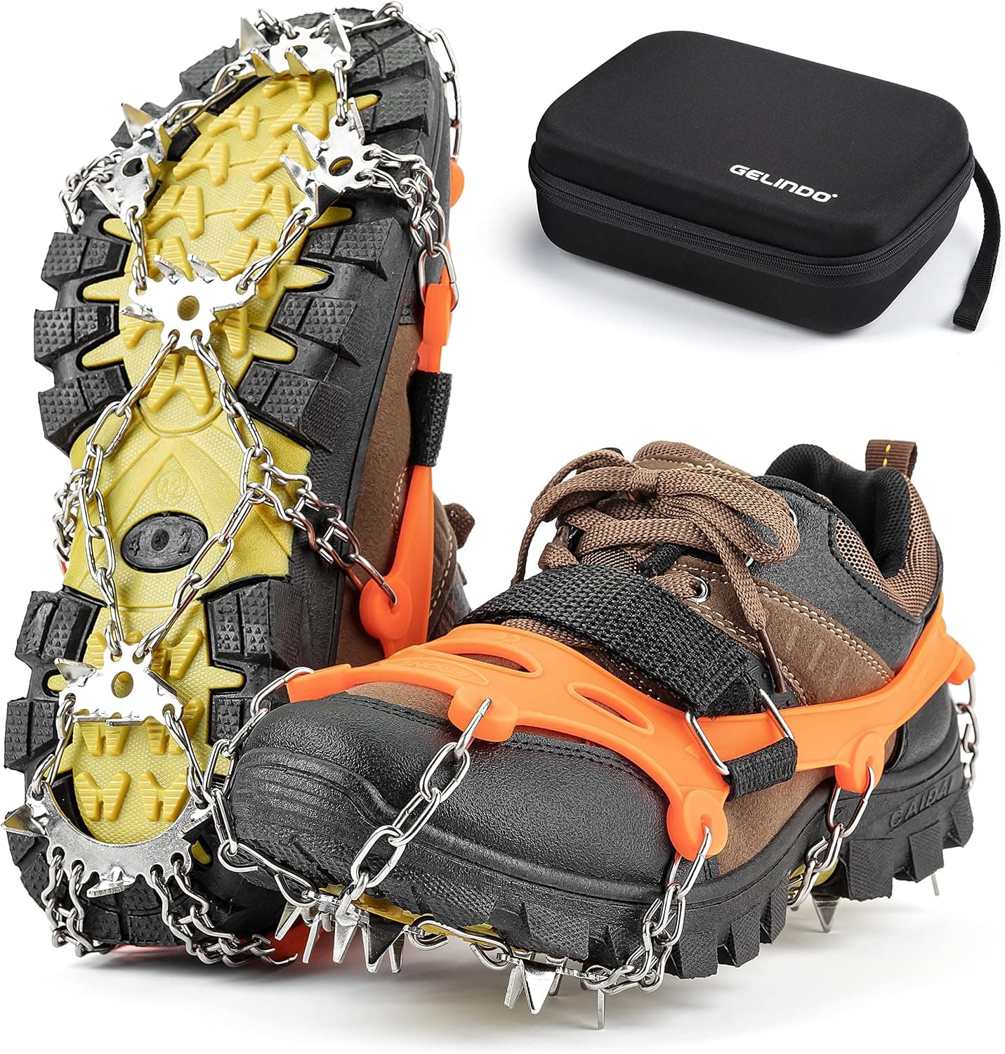 Gelindo Crampons Ice Cleats Traction, 19 Spikes Stainless Steel for Snow Shoes Boots, Safe Protection for Hiking, Walking, Climbing, Jogging, Mountaineering on Snow Muddy Road Anti-Slip