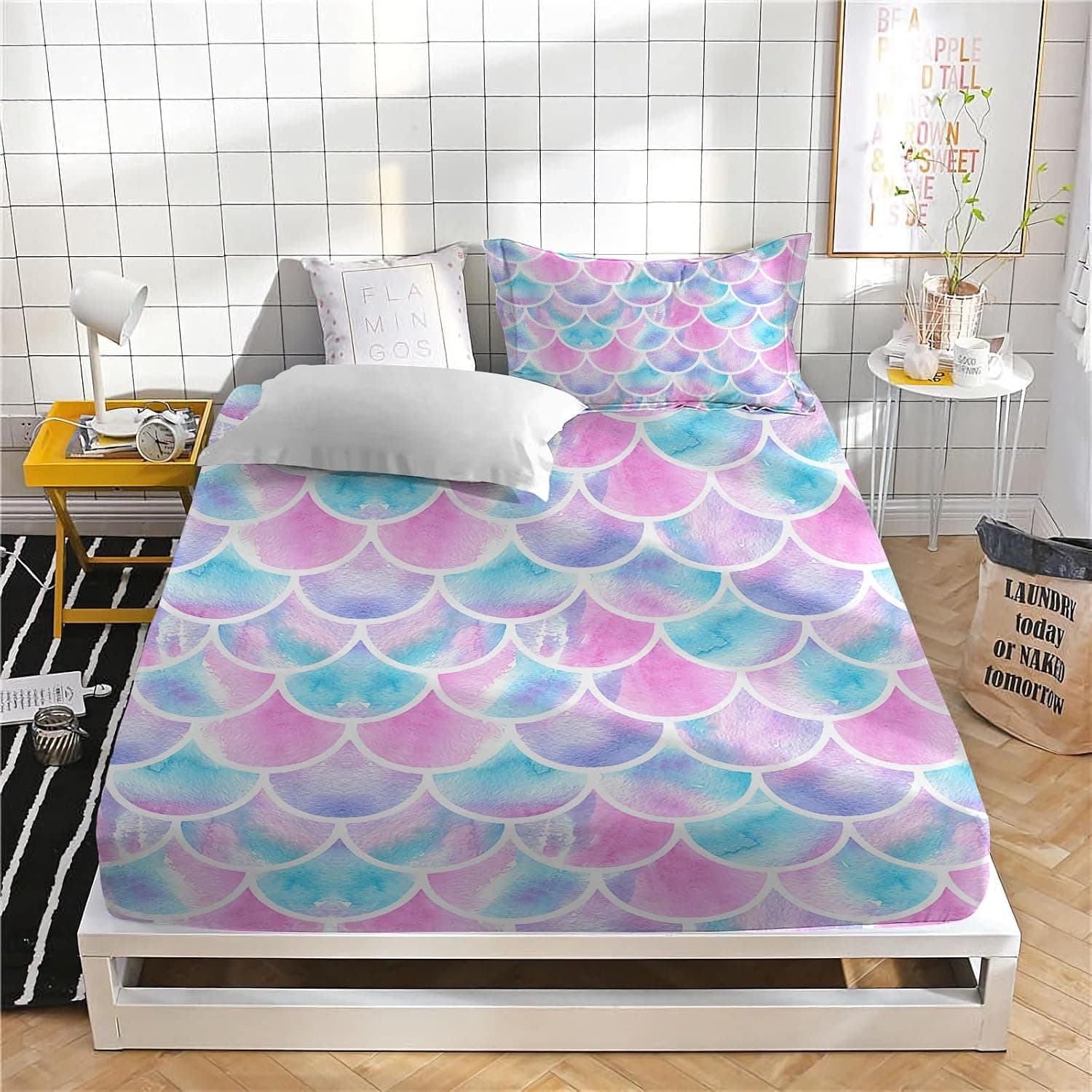MUSOLEI Girls Fitted Sheet Set Twin Mermaid Bedding Set Kids Boys 2PCS 1 Deep Pocket Pink Fitted Sheet with 1 Pillowcases Wrinkle Free Cozy Microfiber