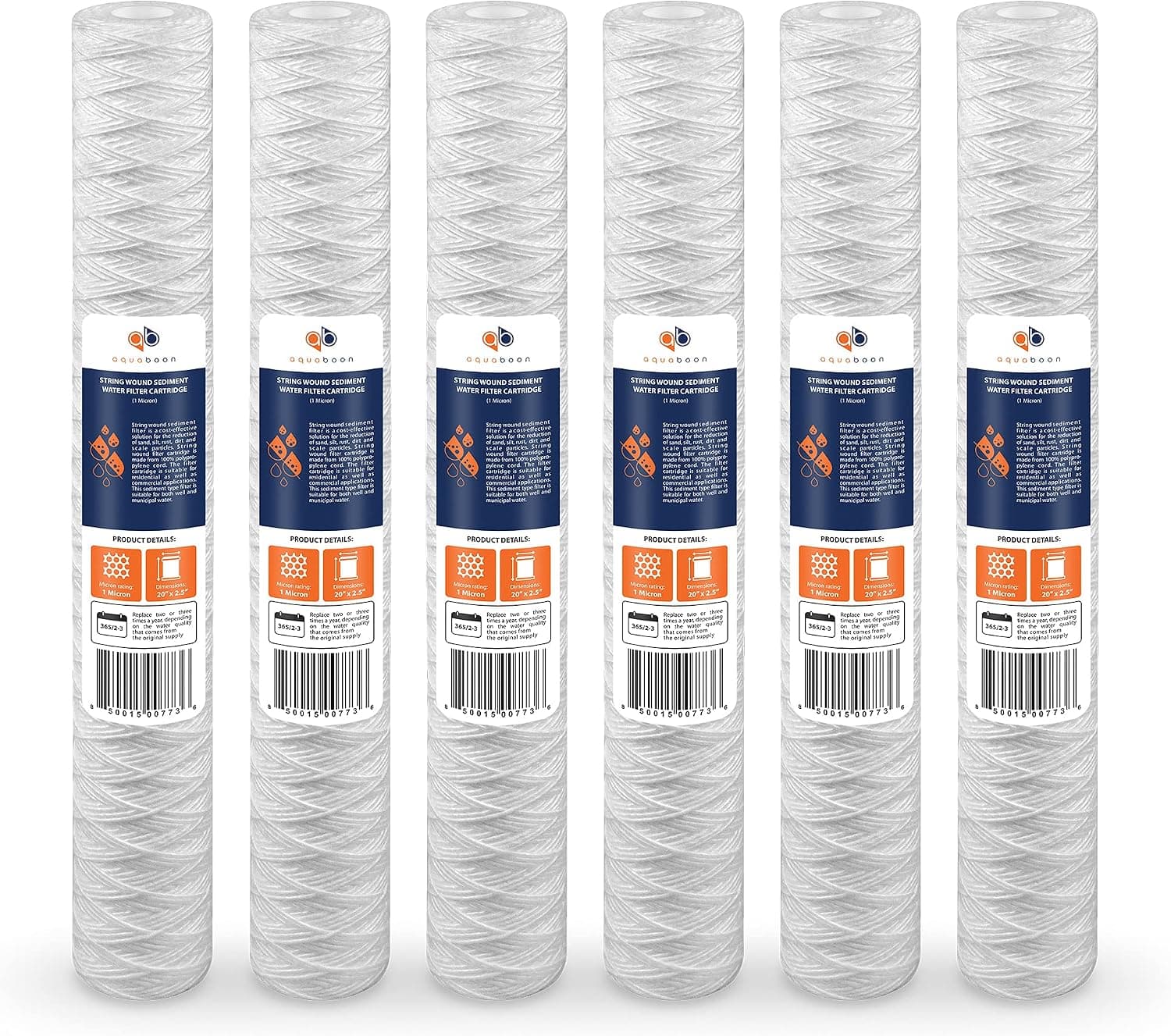 Aquaboon 1 Micron 20" x 2.5" String Wound Sediment Water Filter Cartridge | Universal Replacement for Any 20 inch RO Unit | Compatible with 101-230, PD-5-20, AP110-2C, P5-20, CFS124-C20, 6-Pack
