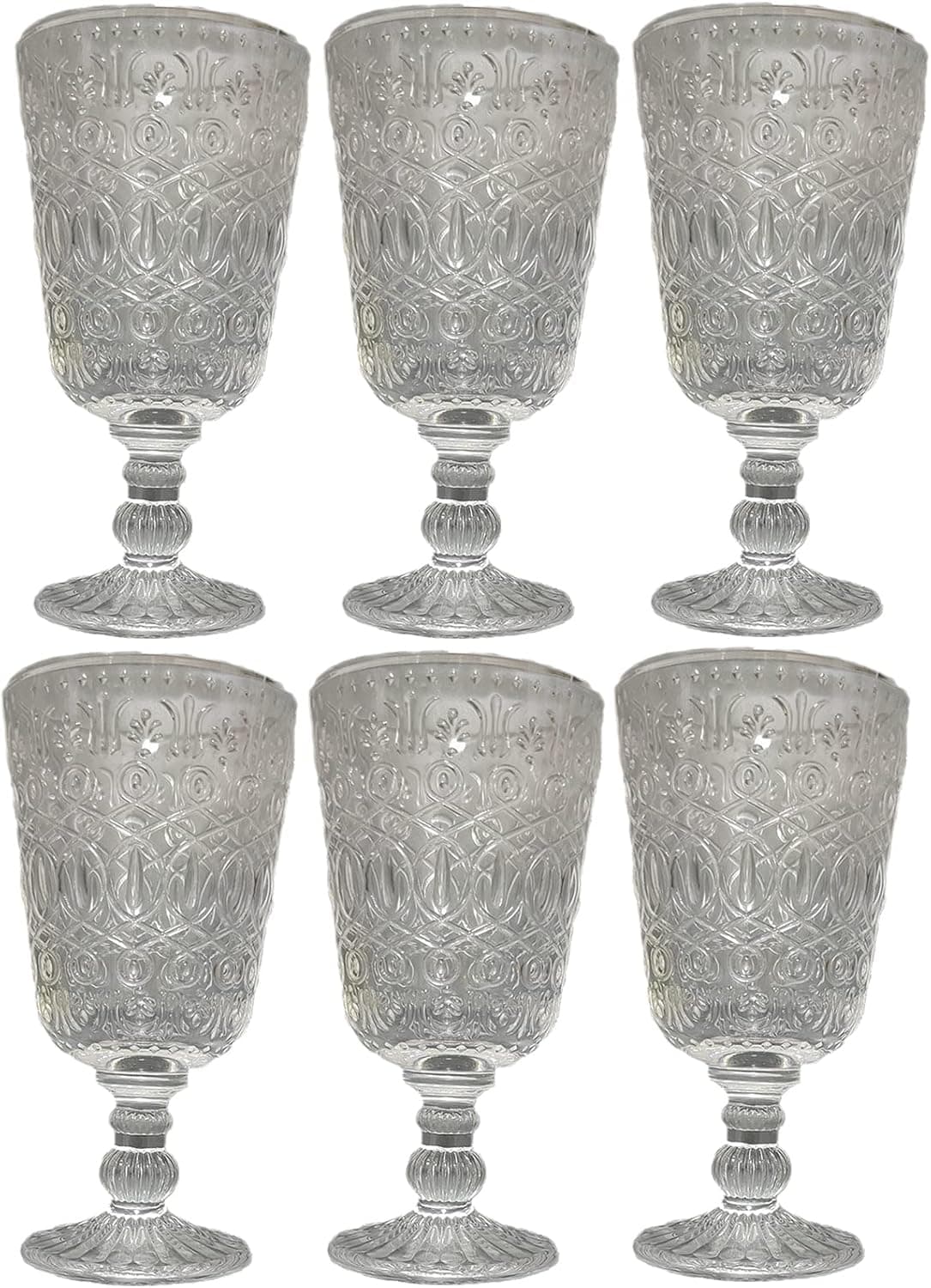 Taganov Clear Goblet Wine Glasses set of 6 Vintage Style Pressed Water Drinking Glass Goblet 10 Ounces for Holidays New Year Christmas Wedding Party