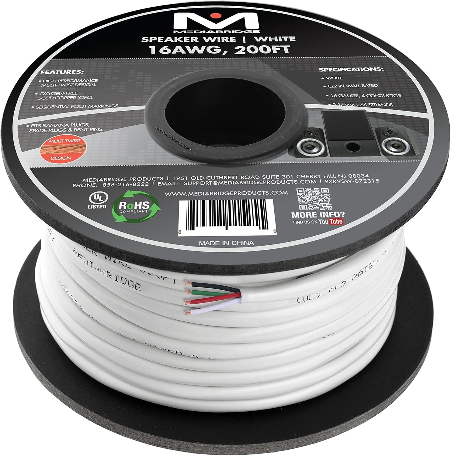 Mediabridge™ 16AWG 4-Conductor Speaker Wire (200 Feet, White) - 99.9% Oxygen Free Copper - UL Listed CL2 Rated for in-Wall Use (Part# SW-16X4-200-WH)