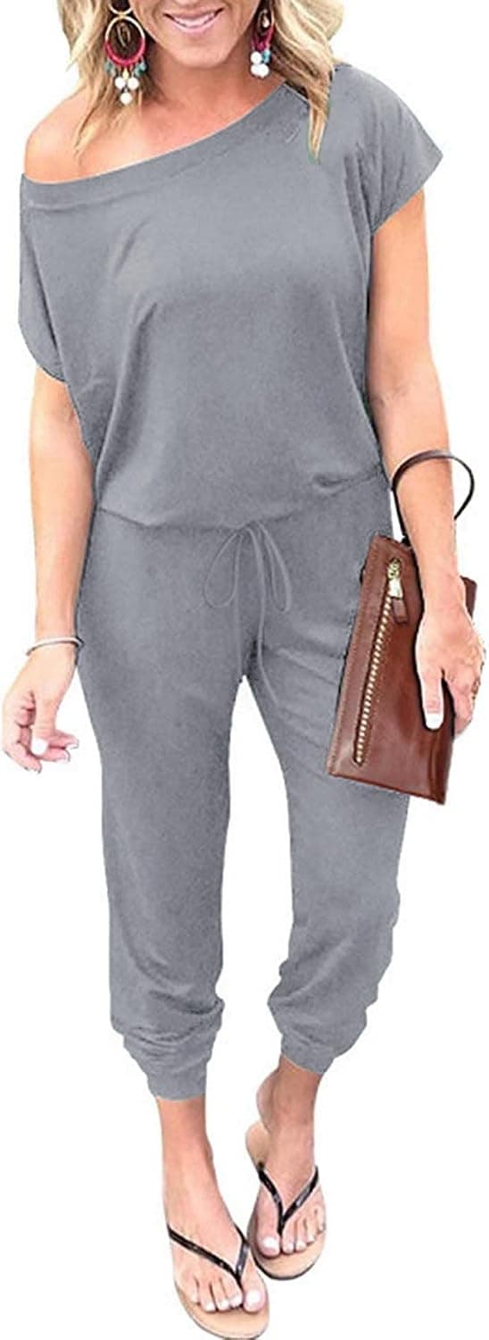 Uniexcosm Women's Loose Fit Off Shoulder Elastic Waist Beam Foot Jumpsuit Rompers with Pockets