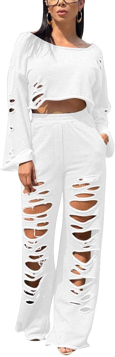 Women Sweatsuit Set 2 Piece Outfits Ripped Hole Off Shoulder Flare Sleeve Crop Top Wide Leg Pants Jumpsuit Set Clubwear