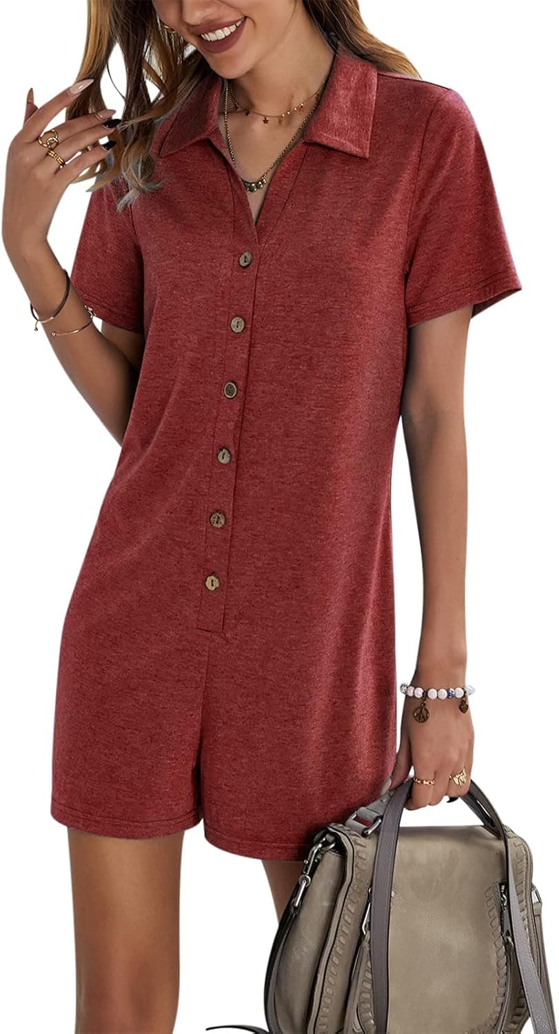 Adibosy Women's V Neck Button Down Rompers Summer Short Sleeve Loose Romper One Piece Shorts Playsuit Jumpsuit