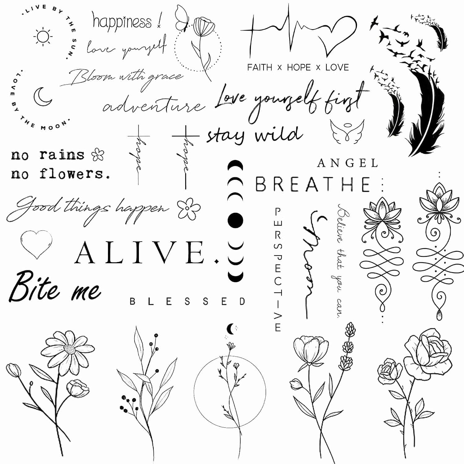 Tattoonova Realistic Temporary Tattoo 48 Designs Quote Word Tattoo Inspirational Words Tattoo Wild Flower Tattoo Floral Bouquet Tattoo for Women Girls