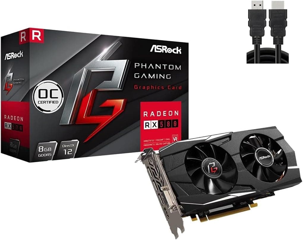 ASRock Phantom Gaming D Radeon RX 580 Video Graphics Card 8GB GDDR5 PCI Express 3.0 x16 HDCP Double Ball Bearings Fan Phantom Gaming Tweak 8K Resolution Support w/ Mazepoloy HDMI Cable
