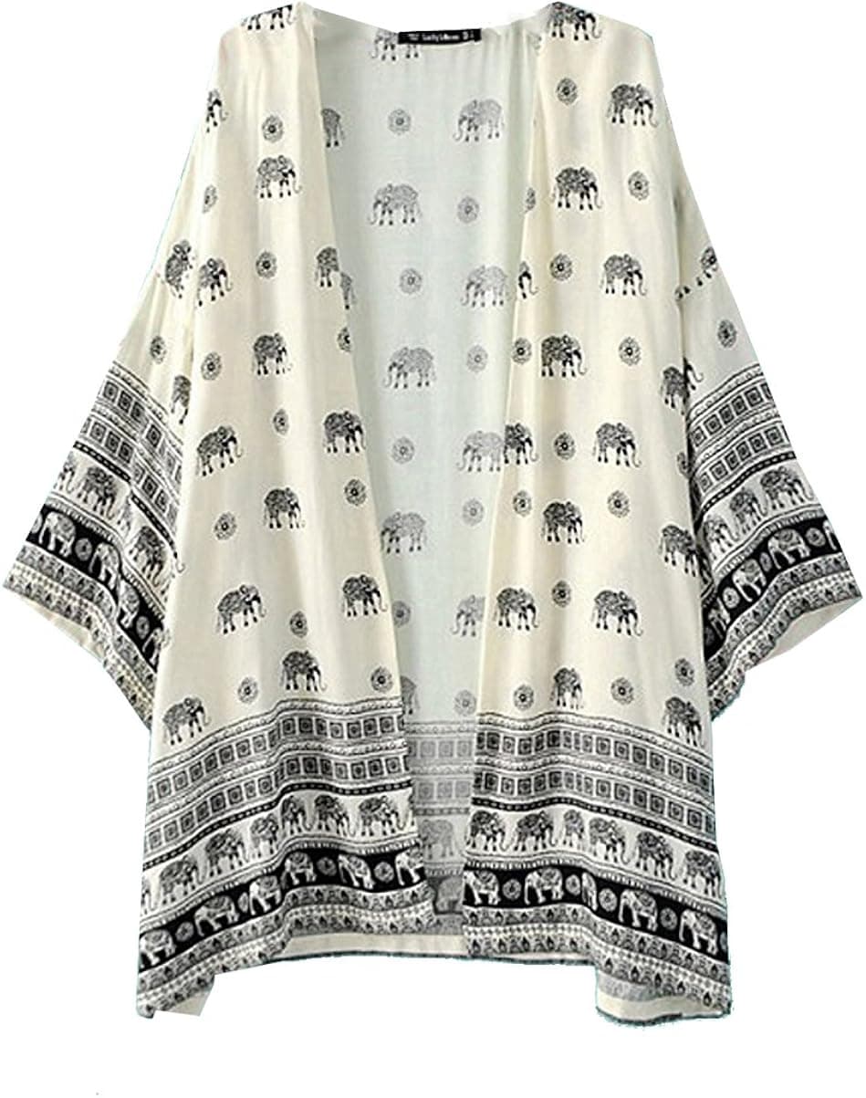 Relipop Women's Sheer Chiffon Blouse Loose Tops Kimono Floral Print Cardigan