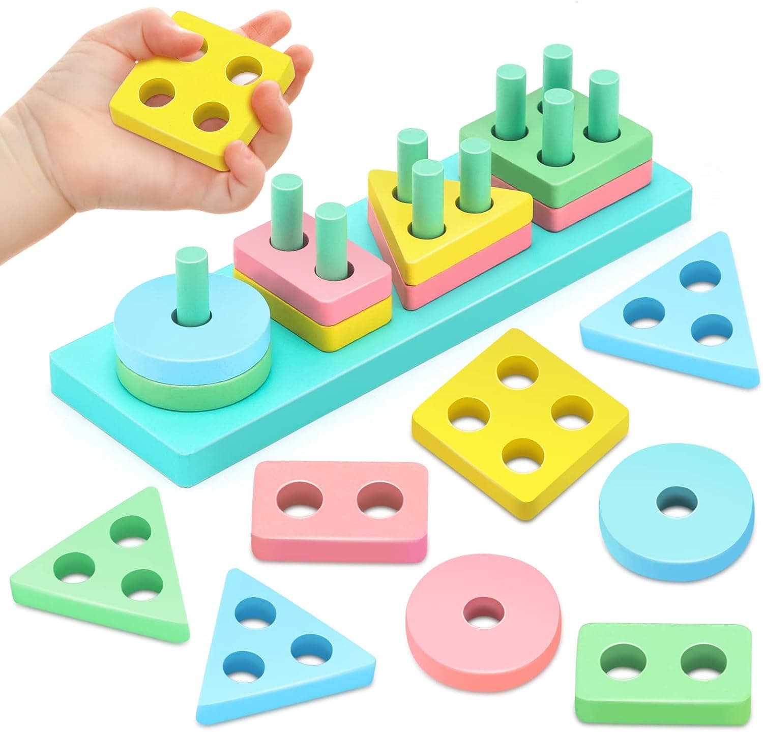 LinseyFun Wooden Stacking Sorting Toys for Toddlers 1-3, Wood Baby Stacking Blocks, Montessori Toys for 1 2 Year Old Boys Girls