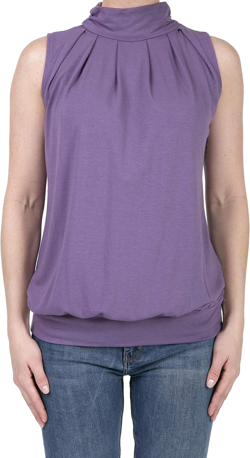 SHOP DORDOR Women's Casual Sleeveless Blouse Mock Neck Pleated Tank Top