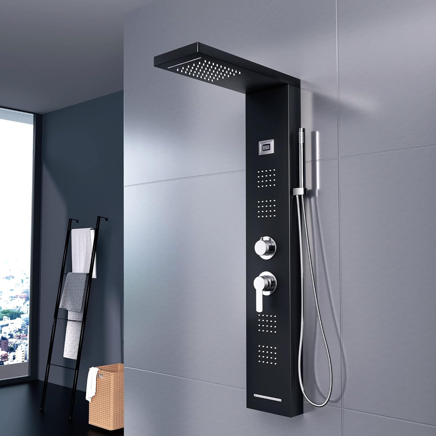 MORADO Shower Panel Tower System, 48 Inches LED Shower Panel, Shower Tower Panel System, 6 in 1 Water Massage System, Brushed Black