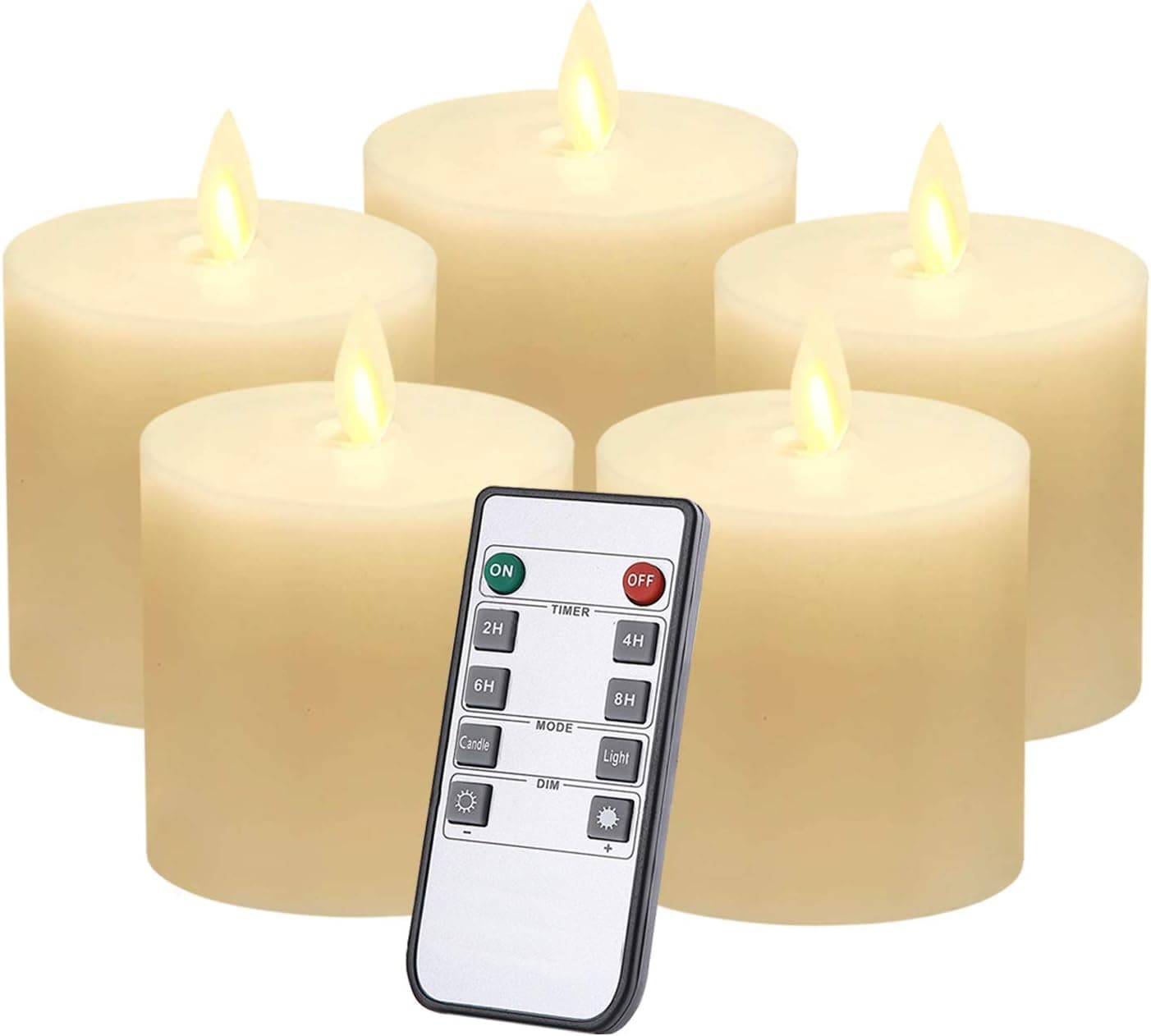 Jiyimi Flameless Battery Candles Ivory Led Real Wax Flickering Pillar Lights Pack of 5 AA Batteries Powered with Remote Control Timers Emergency Light for Home Fireplace Birthday