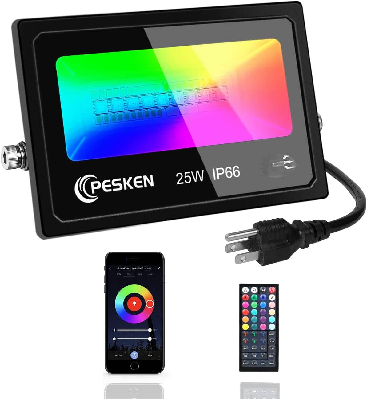 Pesken Smart RGBCW WiFi Flood Light Outdoor,25W 16 Million Color Changing Led Floodlight with Remote,Support Alexa Google Assistant Voice Control,IP66 Waterproof,Music Sync for Christmas,Birthday