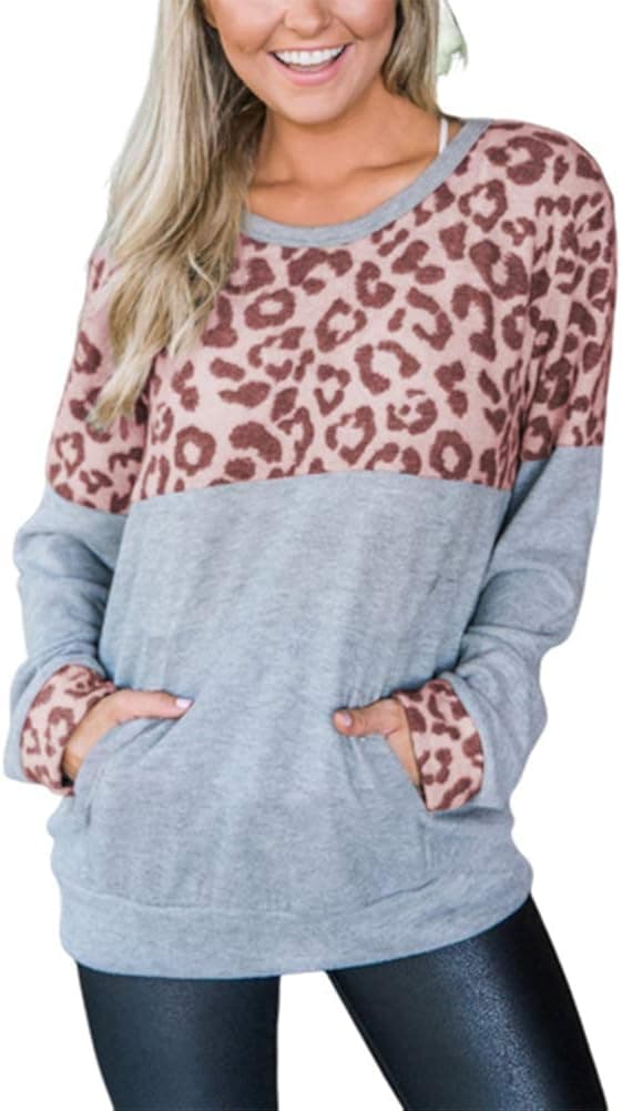 Women's Leopard Print Oversized Sweater Long Sleeve Casual Knitted Jumper Pullover Sweatshirts Tops
