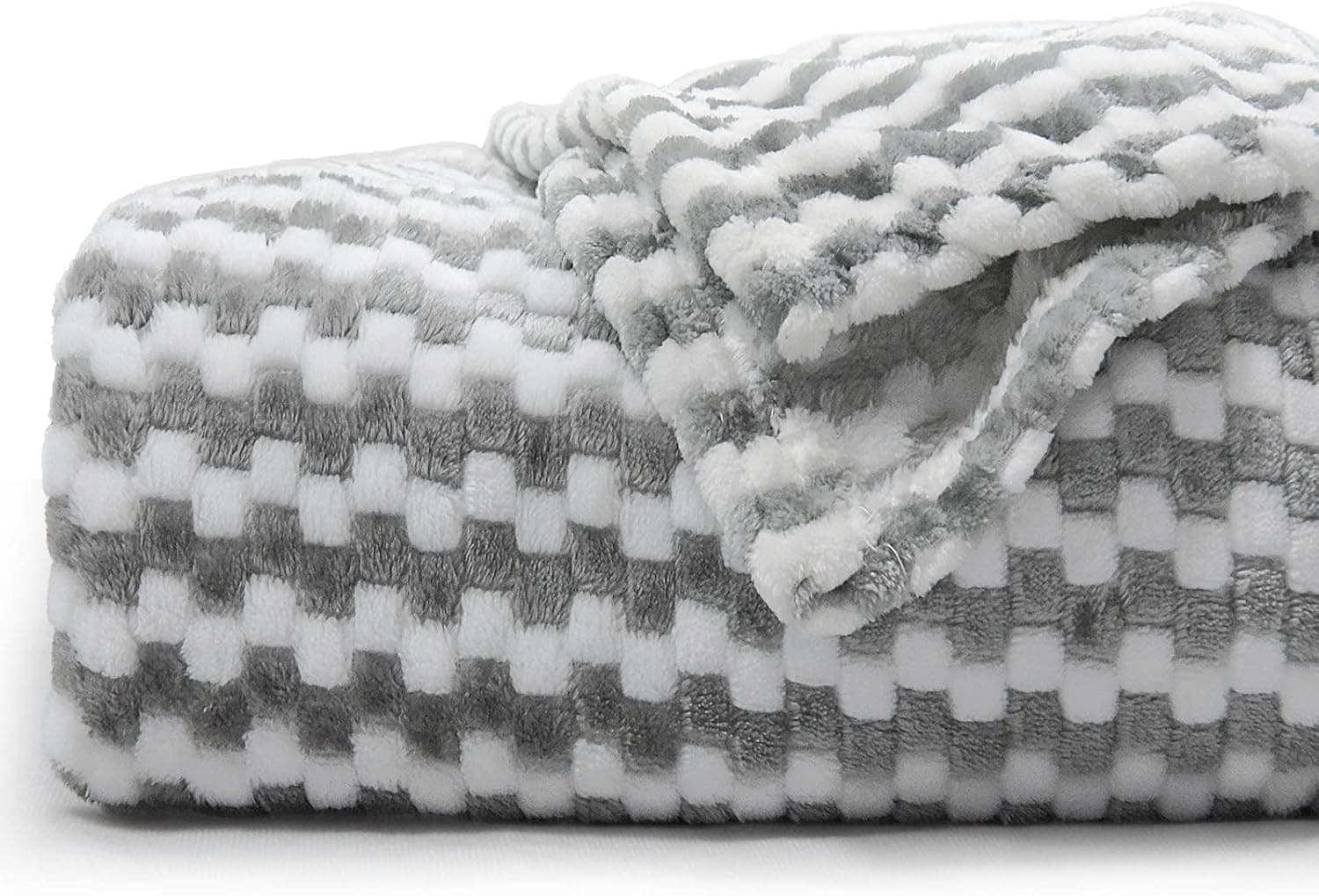 Fleece Blanket Grey and White Flannel Plush Throw Striped Jacquard Weave Blanket Lightweight Super Soft Cozy 300GSM Luxury Bed Blanket and Throw 30 x 40 Warm Blanket for Chair Couch Bed
