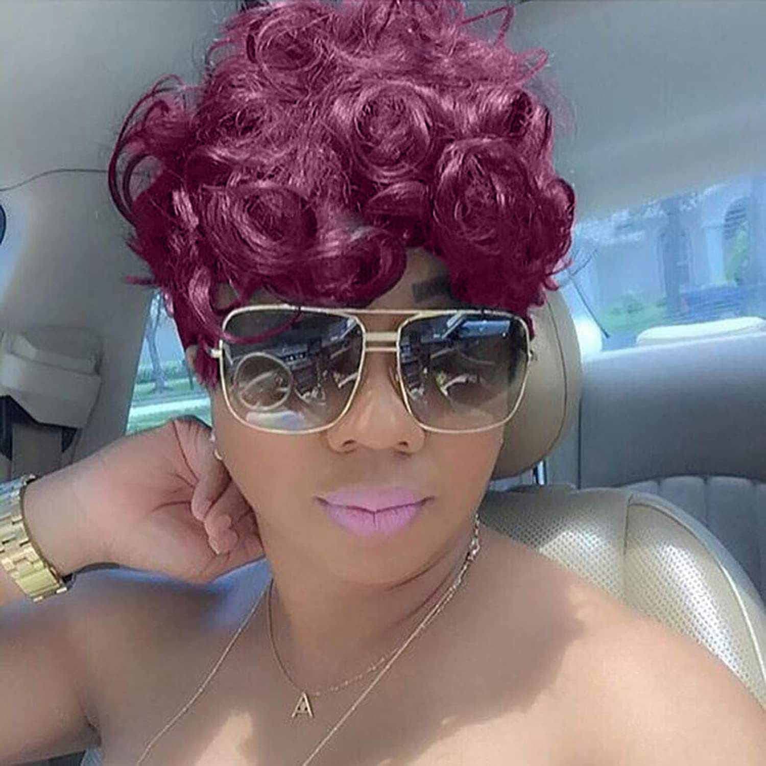 Tgezer Burgundy Wig Short Curly Hair Wigs for Black Women Short Curly Pixie Cut Wigs with Bangs Natural Daily Full Machine Cute Curly Pixie Wig Fluffy Heat Resistant Synthetic Fiber Wigs (118#)