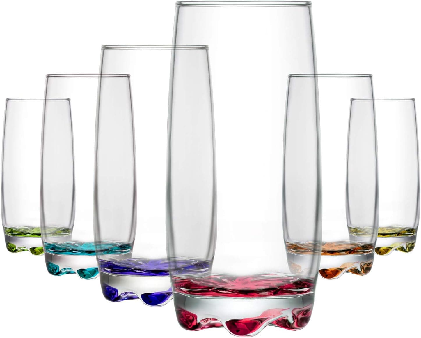 lav Water Glasses Set of 6 - Clear Drinking Glasses 13 oz - Highball Glasses Set with Colored Bottoms - Colored Drinking Glasses - Vibrant Glass Cups - Made in Europe